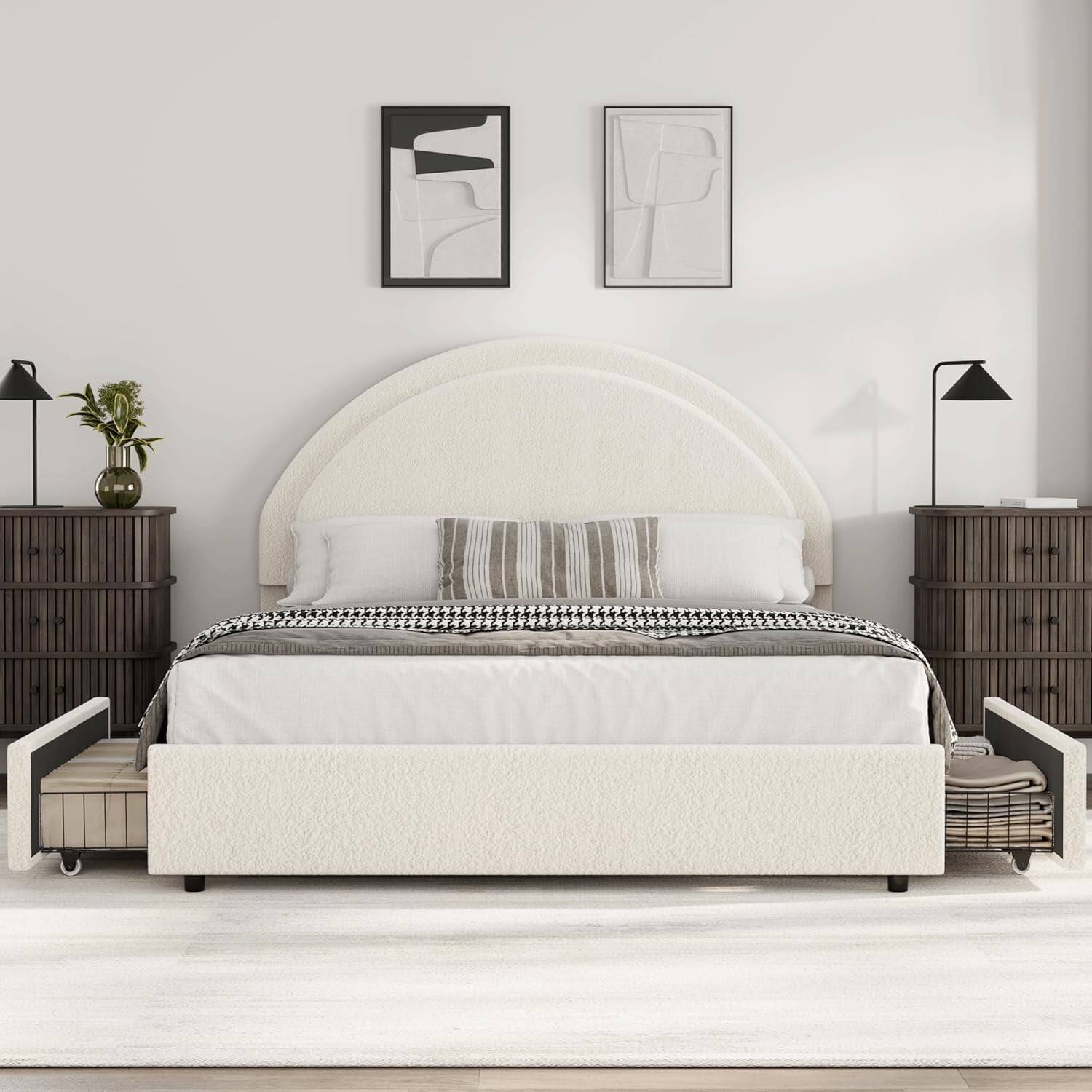 Angle. GARVEE - Queen Bed Frame with 4 Storage Drawers, Upholstered Boucle, Beige – Perfect for Bedroom Organization - Beige.