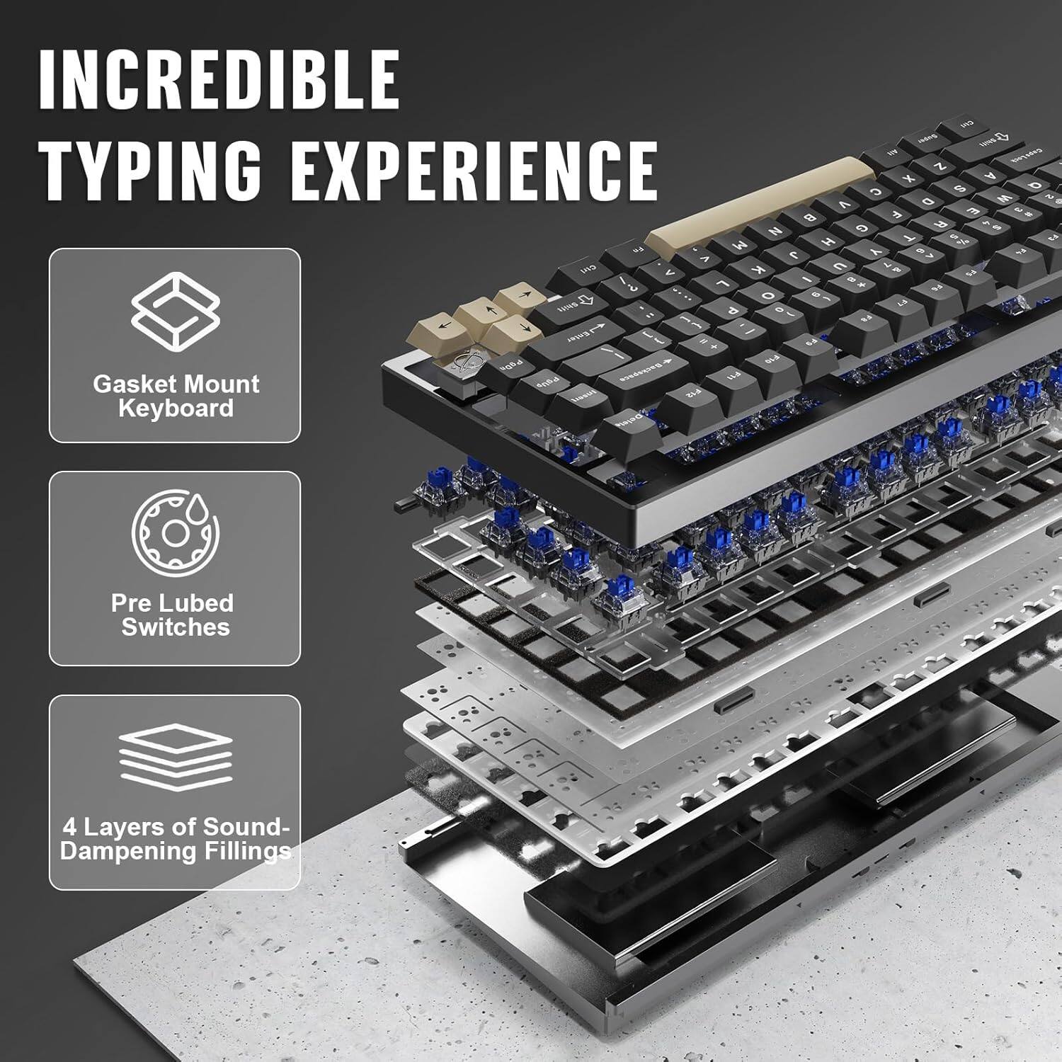 INCREDIBLE TYPING EXPERIENCE

- Gasket Mount Keyboard
- Pre Lubed Switches
- 4 Layers of Sound Dampening Fillings