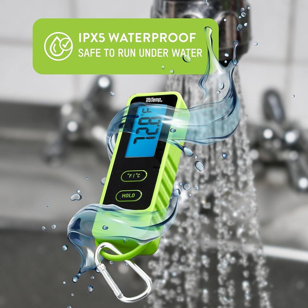 IPX5 WATERPROOF  
SAFE TO RUN UNDER WATER  

TruTemp  
128°F  
°F/°C  
HOLD