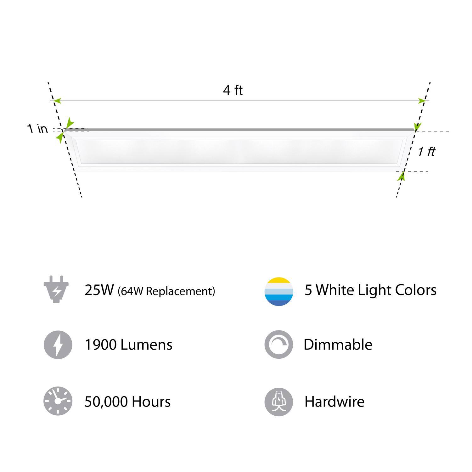 4 ft 1 in 1 ft 25W (64W Replacement)  
1900 Lumens  
5 White Light Colors  
Dimmable  
50,000 Hours  
Hardwire
