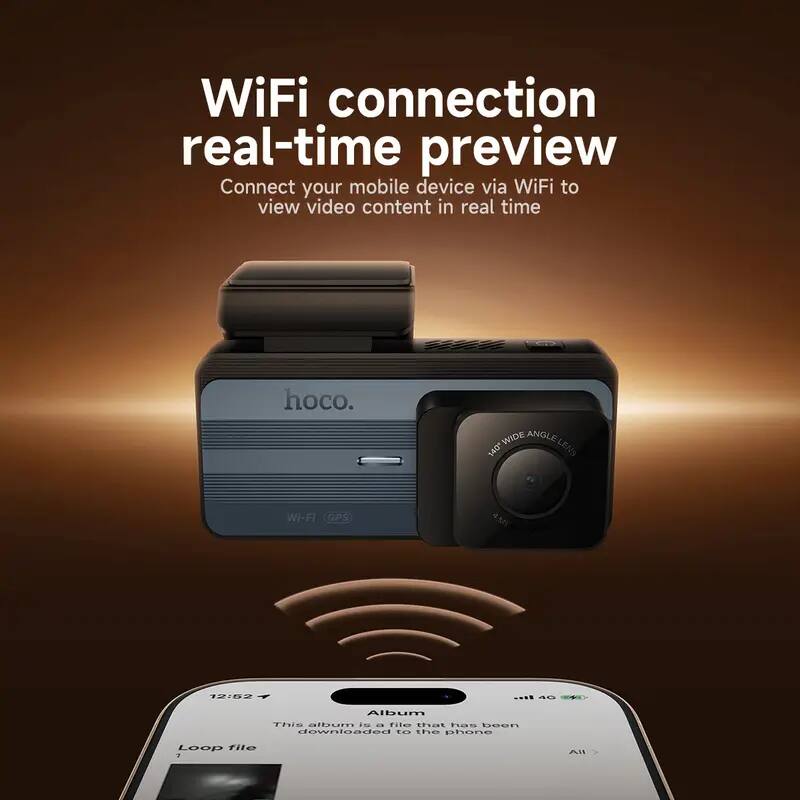 WiFi connection real-time preview  
Connect your mobile device via WiFi to view video content in real time  

hoco.  
WIDE ANGLE 140°  
WI-FI GPS  

Album  
This album is a file that has been downloaded to the phone  

Loop file