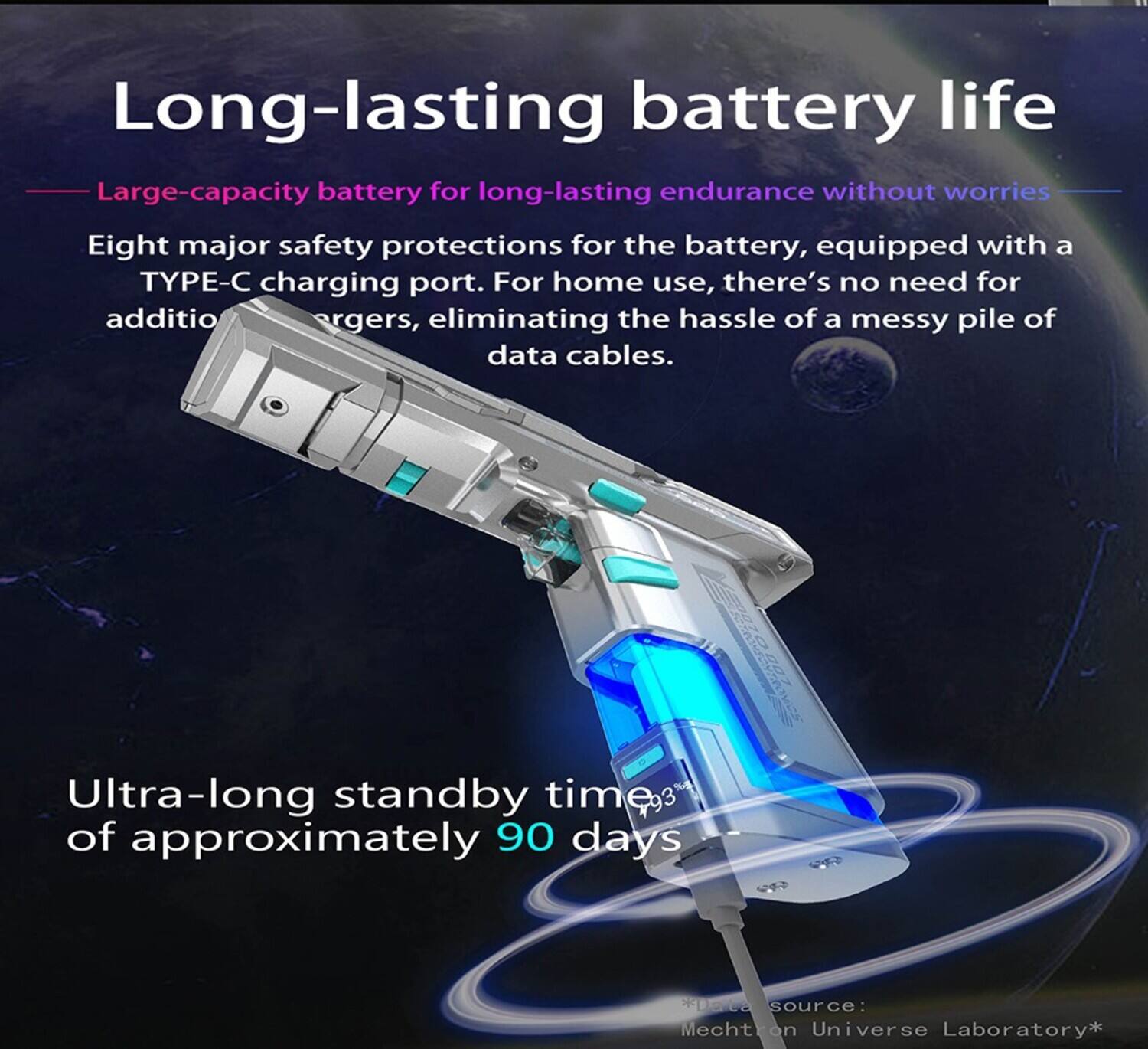 Long-lasting battery life

Large-capacity battery for long-lasting endurance without worries

Eight major safety protections for the battery, equipped with a TYPE-C charging port. For home use, there's no need for additional chargers, eliminating the hassle of a messy pile of data cables.

Ultra-long standby time: of approximately 90 days

source: Mechtron Universe Laboratory*