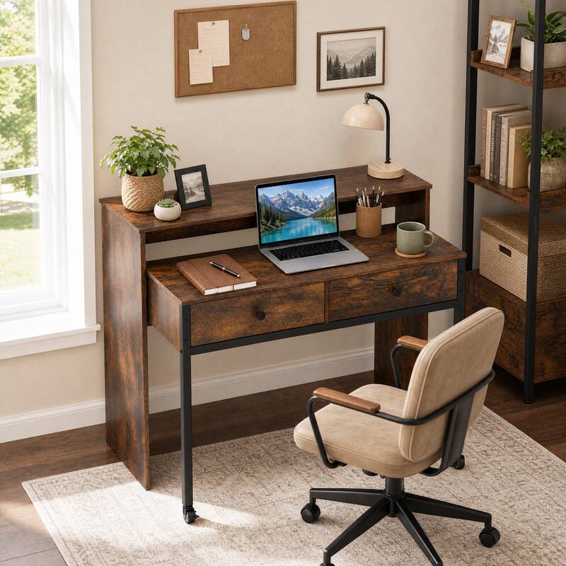 Angle. WELLFOR - Extendable Computer Desk with 2 Drawers, Home Office Desk with Pull Out Secondary Desk  for Study,Working,Writing - Rustic Brown.