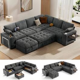 Dyonery - 110-in modular modular pull-out sofa, 7-seater sofa, with cup holder, small table board, storage space,chenille - Gray