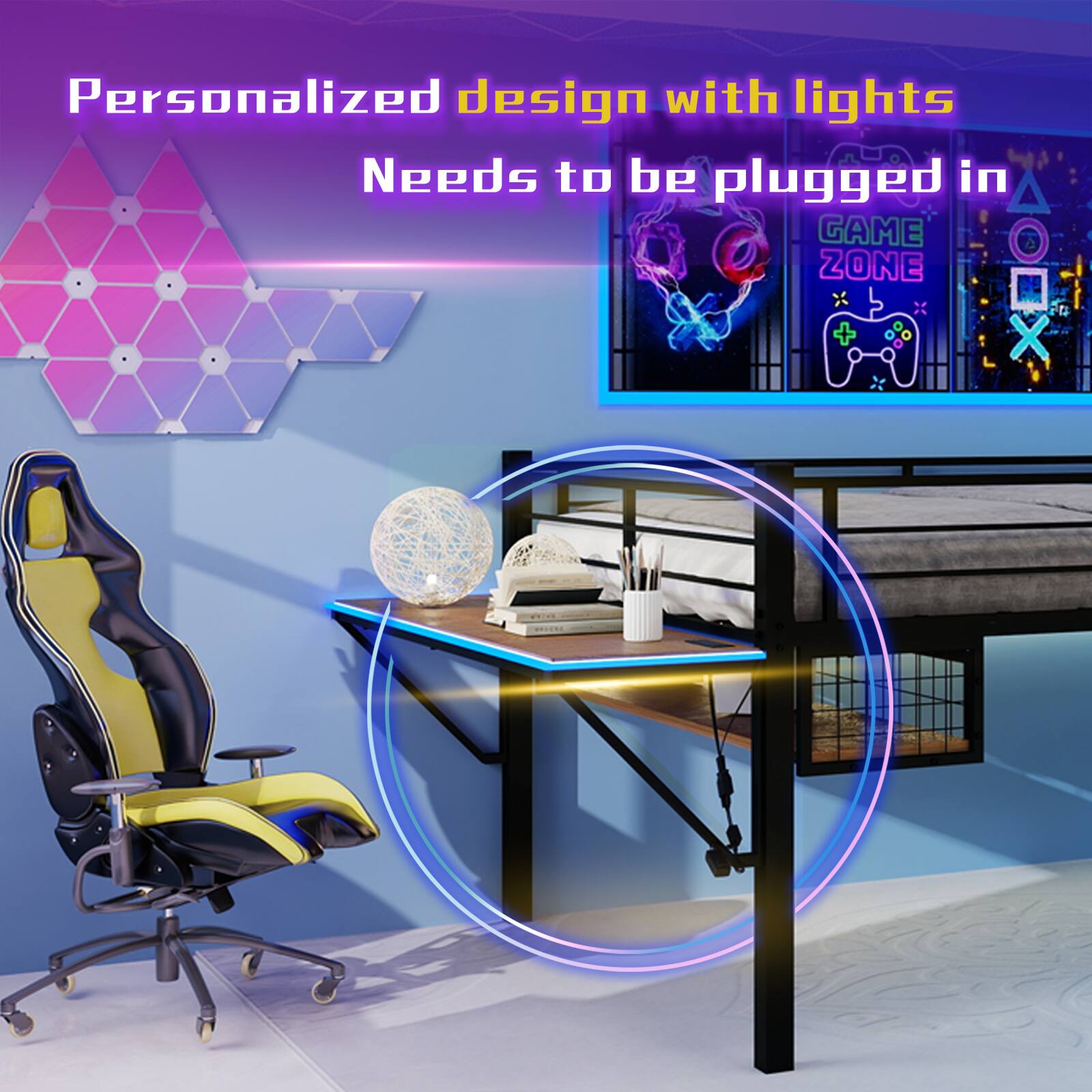 Personalized design with lights  
Needs to be plugged in  
GAME ZONE