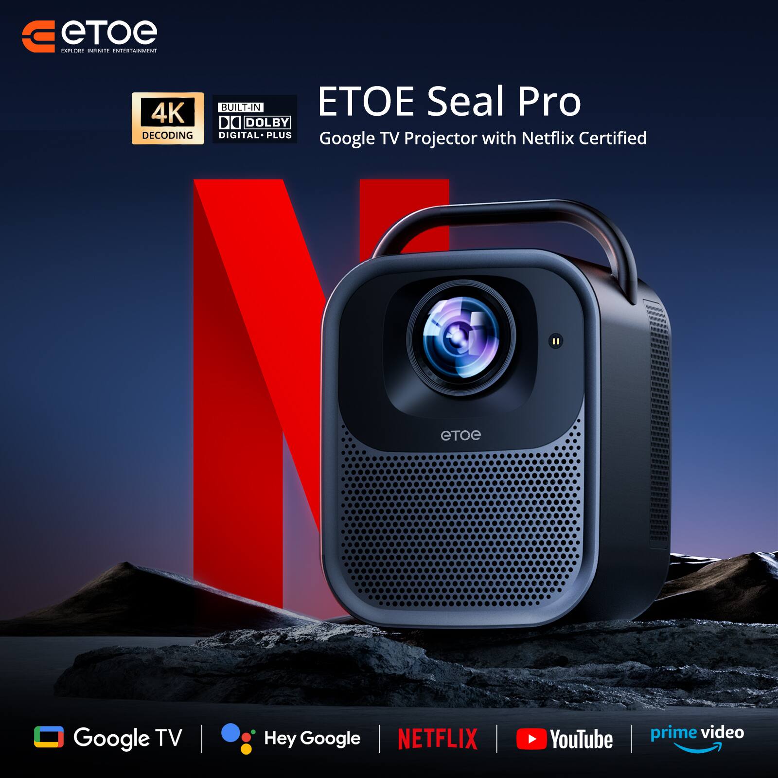 ETOE Seal Pro　プロジェクター　1000 ANSI　Netflix ETOE Seal Pro 4K 1080P Google TV Smart Projector, Netflix