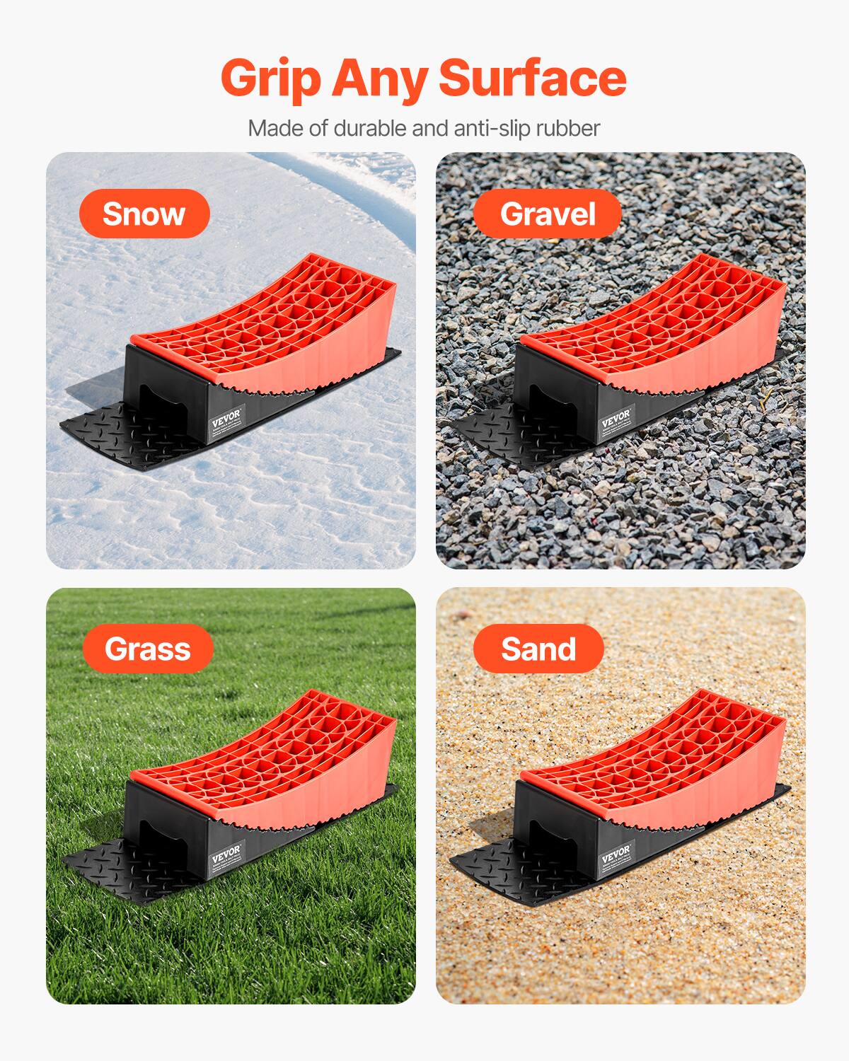 Grip Any Surface  
Made of durable and anti-slip rubber  
Snow  
Gravel  
Grass  
Sand