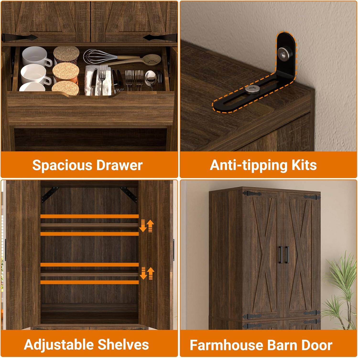 - Spacious Drawer
- Anti-tipping Kits
- Adjustable Shelves
- Farmhouse Barn Door