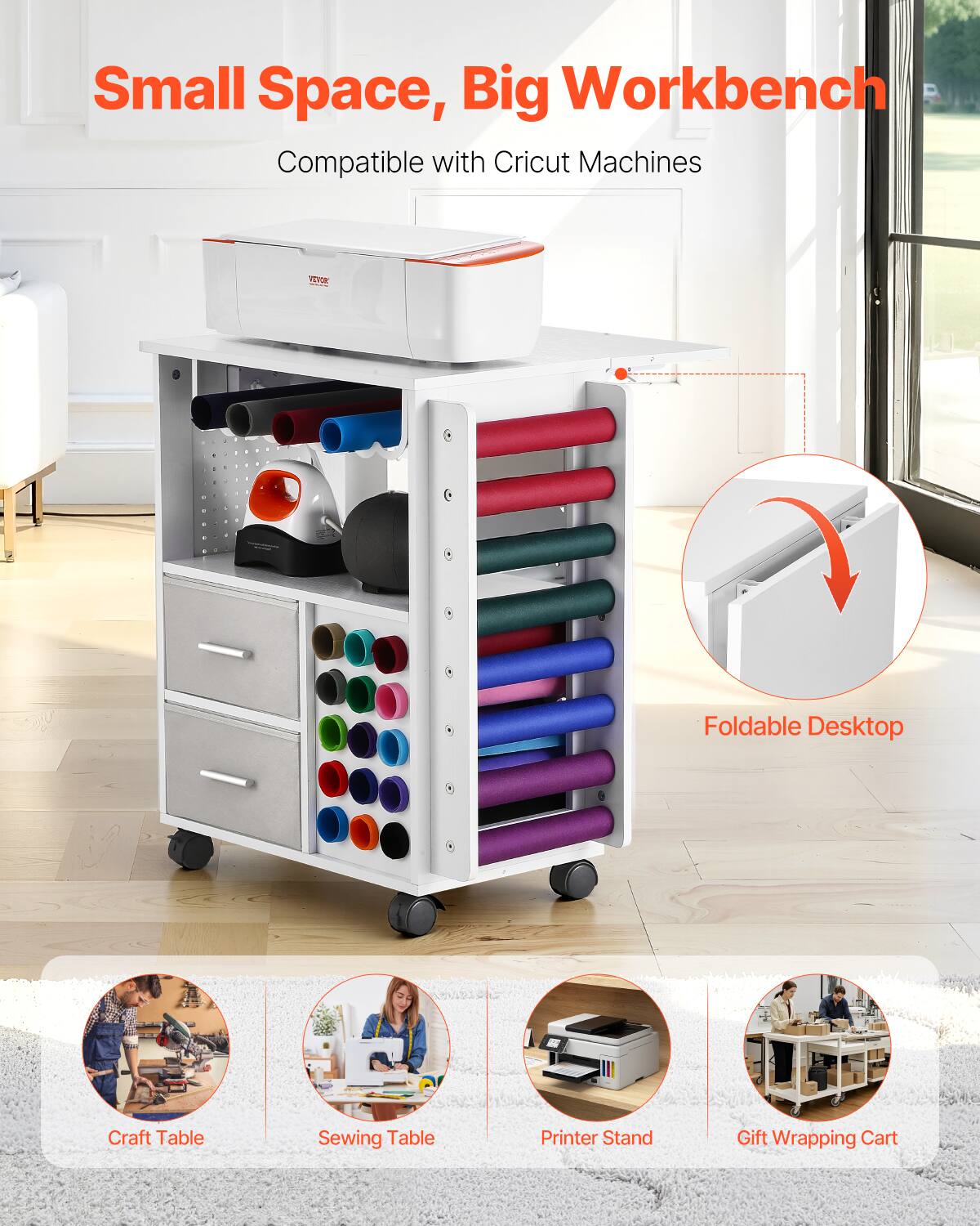 Small Space, Big Workbench  
Compatible with Cricut Machines  

Foldable Desktop  

Craft Table  
Sewing Table  
Printer Stand  
Gift Wrapping Cart