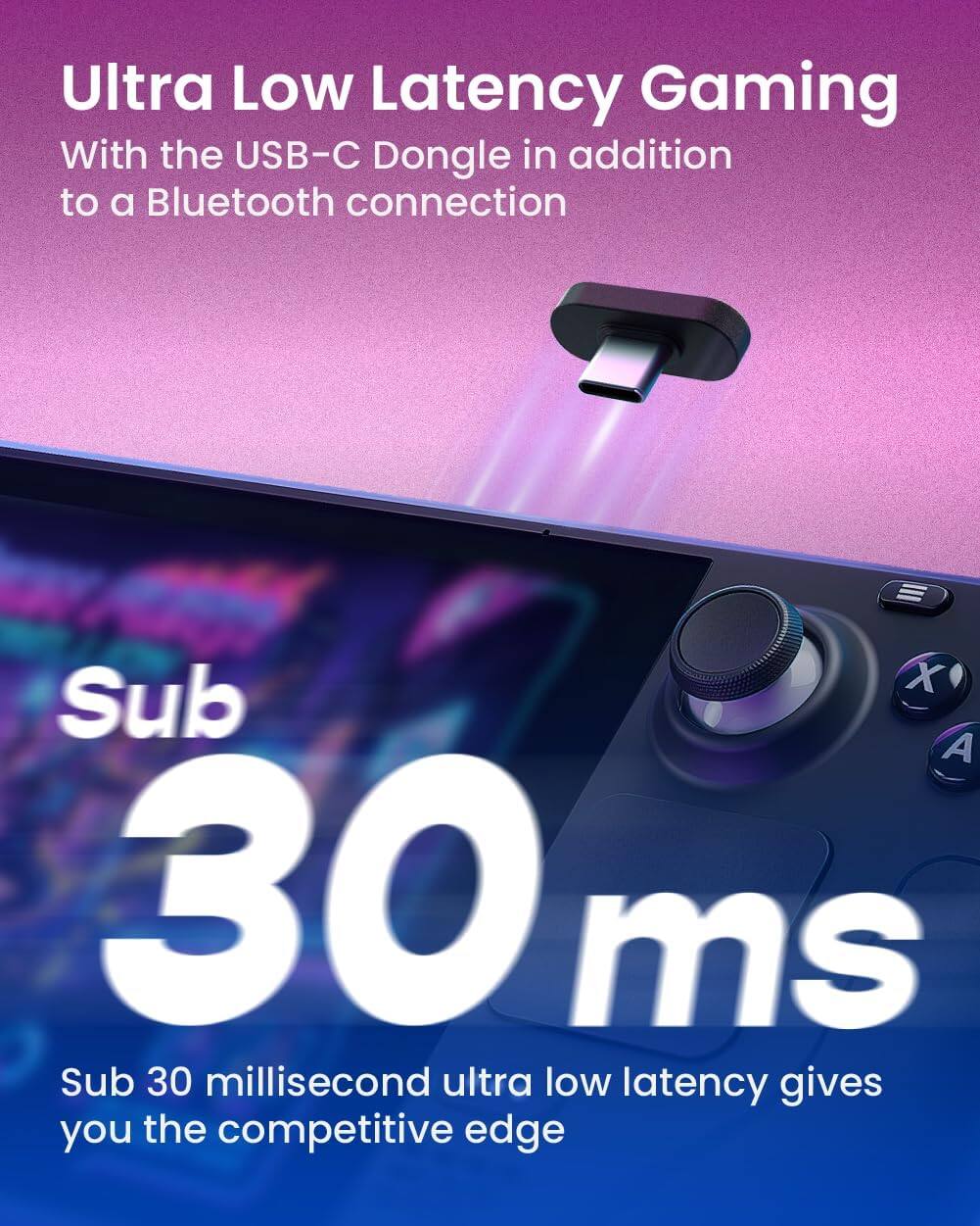 Ultra Low Latency Gaming  
With the USB-C Dongle in addition to a Bluetooth connection  

Sub 30 ms  
Sub 30 millisecond ultra low latency gives you the competitive edge