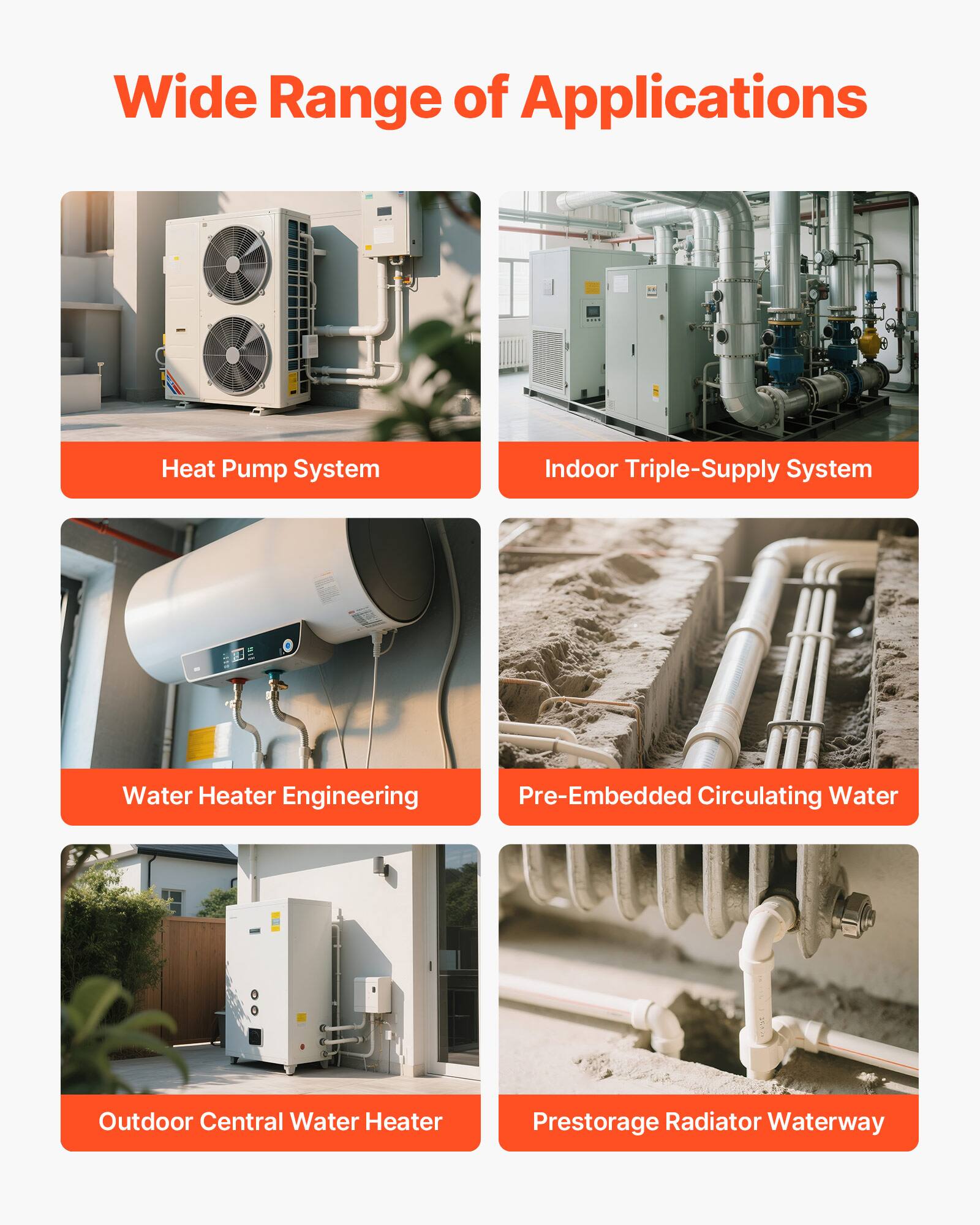 Wide Range of Applications

- Heat Pump System
- Indoor Triple-Supply System
- Water Heater Engineering
- Pre-Embedded Circulating Water
- Outdoor Central Water Heater
- Prestorage Radiator Waterway