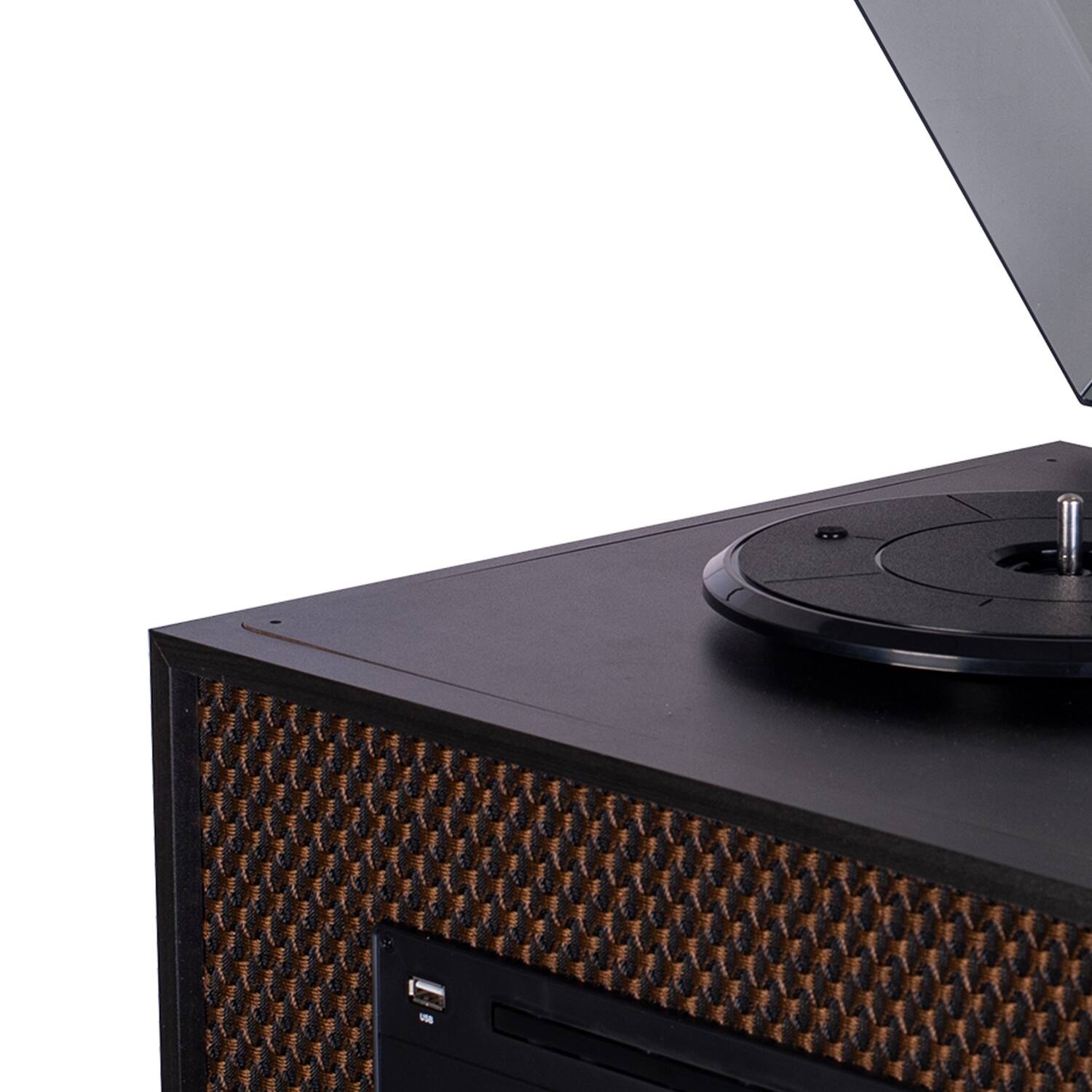 Angle. Memorex - Nostalgic 7-in-1 Dual-Bluetooth Music Center with Turntable, AM/FM Radio, CD/Cassette Player JC-3719AA - Black.