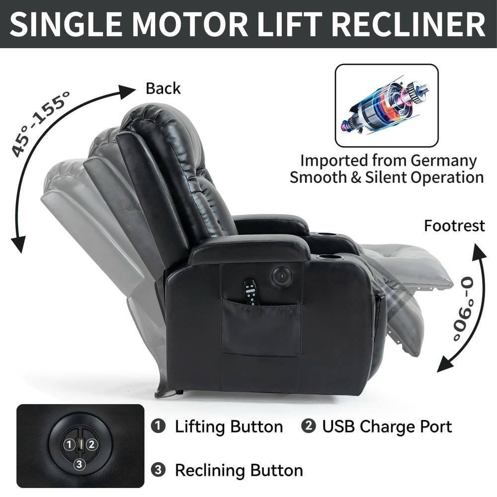 SINGLE MOTOR LIFT RECLINER

- Back: 45°-155°
- Footrest: -0°-6°

Imported from Germany
Smooth & Silent Operation

1. Lifting Button
2. USB Charge Port
3. Reclining Button