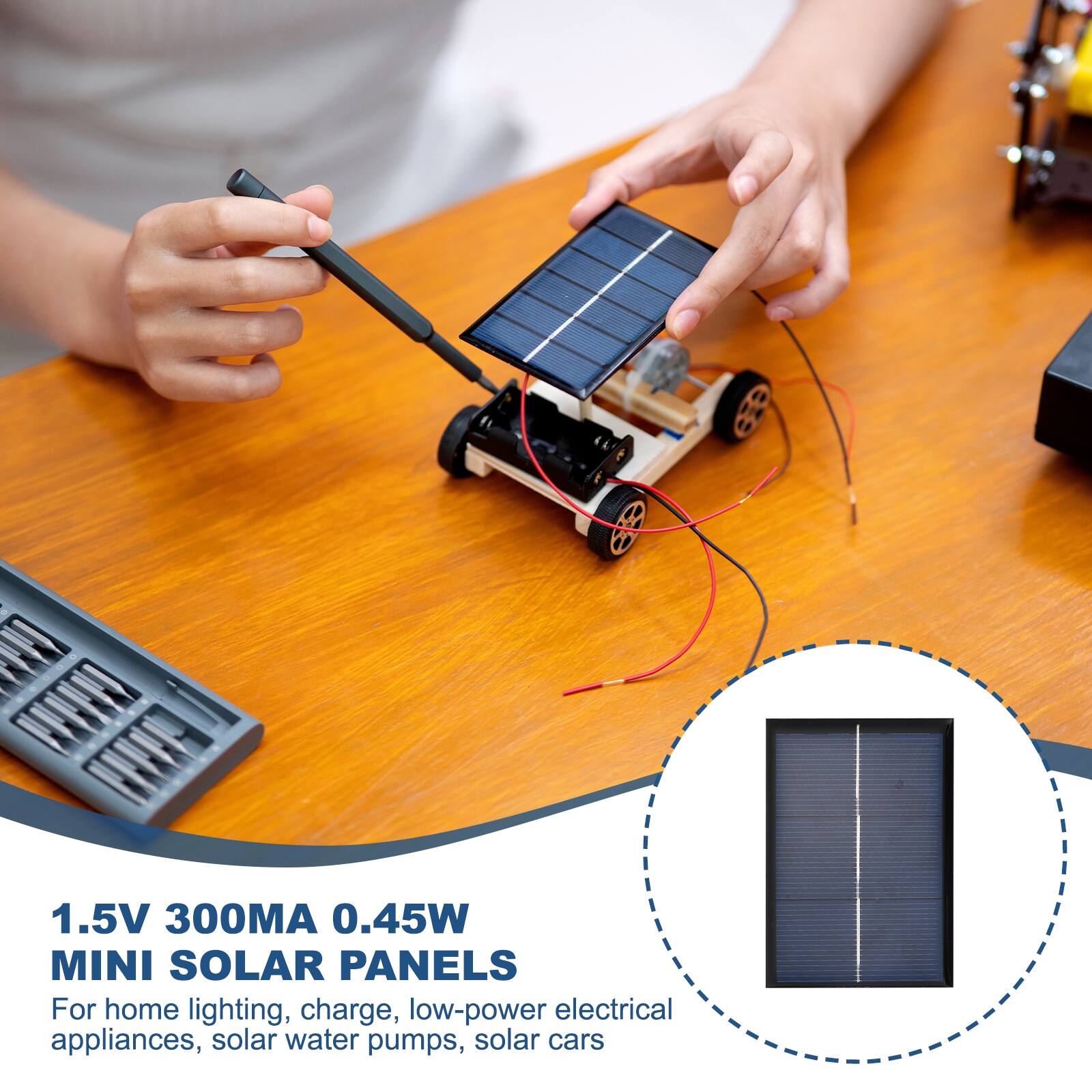 1.5V 300MA 0.45W MINI SOLAR PANELS

For home lighting, charge, low-power electrical appliances, solar water pumps, solar cars