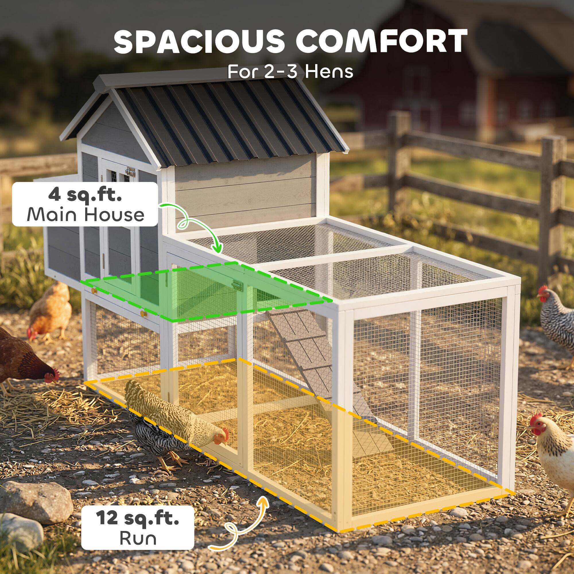 SPACIOUS COMFORT  
For 2-3 Hens  

4 sq.ft.  
Main House  

12 sq.ft.  
Run