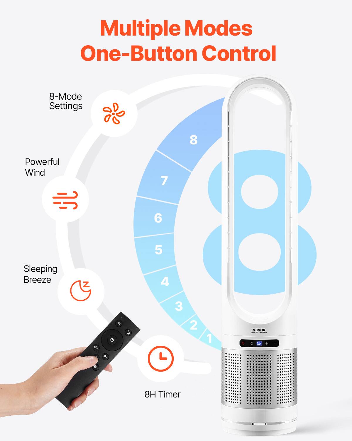 Multiple Modes  
One-Button Control  

8-Mode Settings  
Powerful Wind  
Sleeping Breeze  

8H Timer