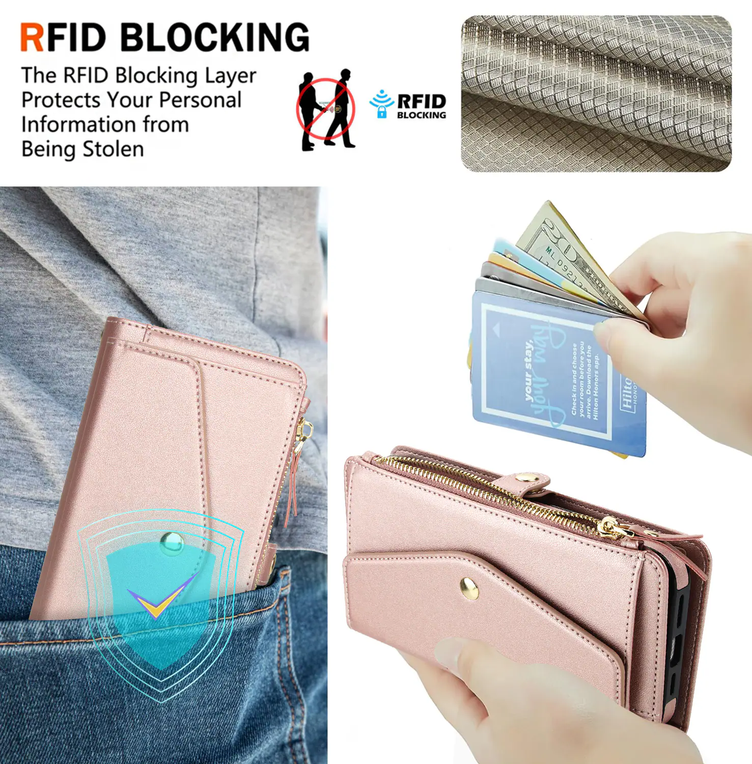 RFID BLOCKING  
The RFID Blocking Layer Protects Your Personal Information from Being Stolen  

RFID BLOCKING 2 ML L09213  

Stay.  
Check in before you arrive.  
The Hilton  

RFID BLOCKING
