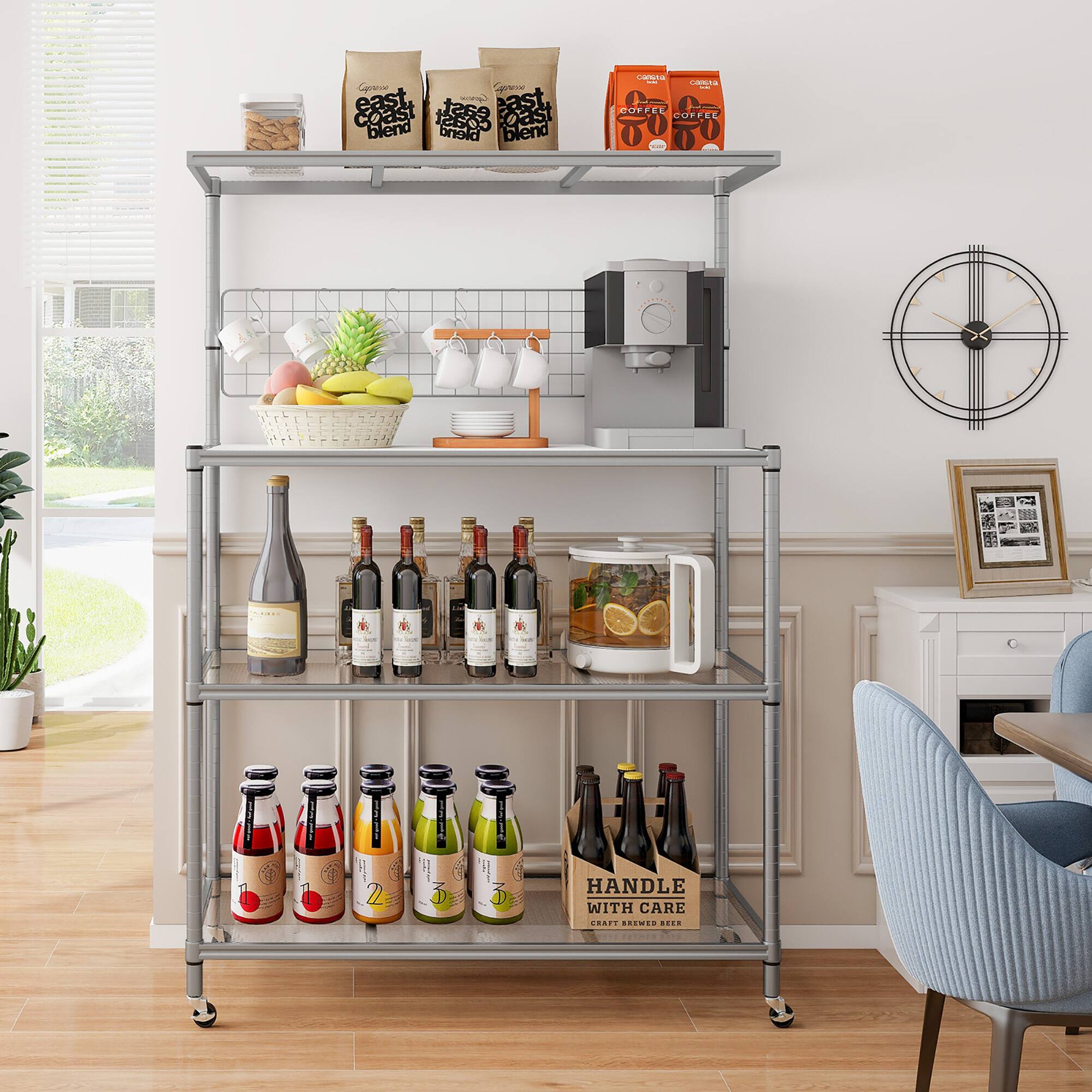 Alt View 1. Gymax - Gymax 4-Tier Coffee Bar Table w/Adjustable Shelves S Hooks Hanging Net & Shelf Liner - Silver.