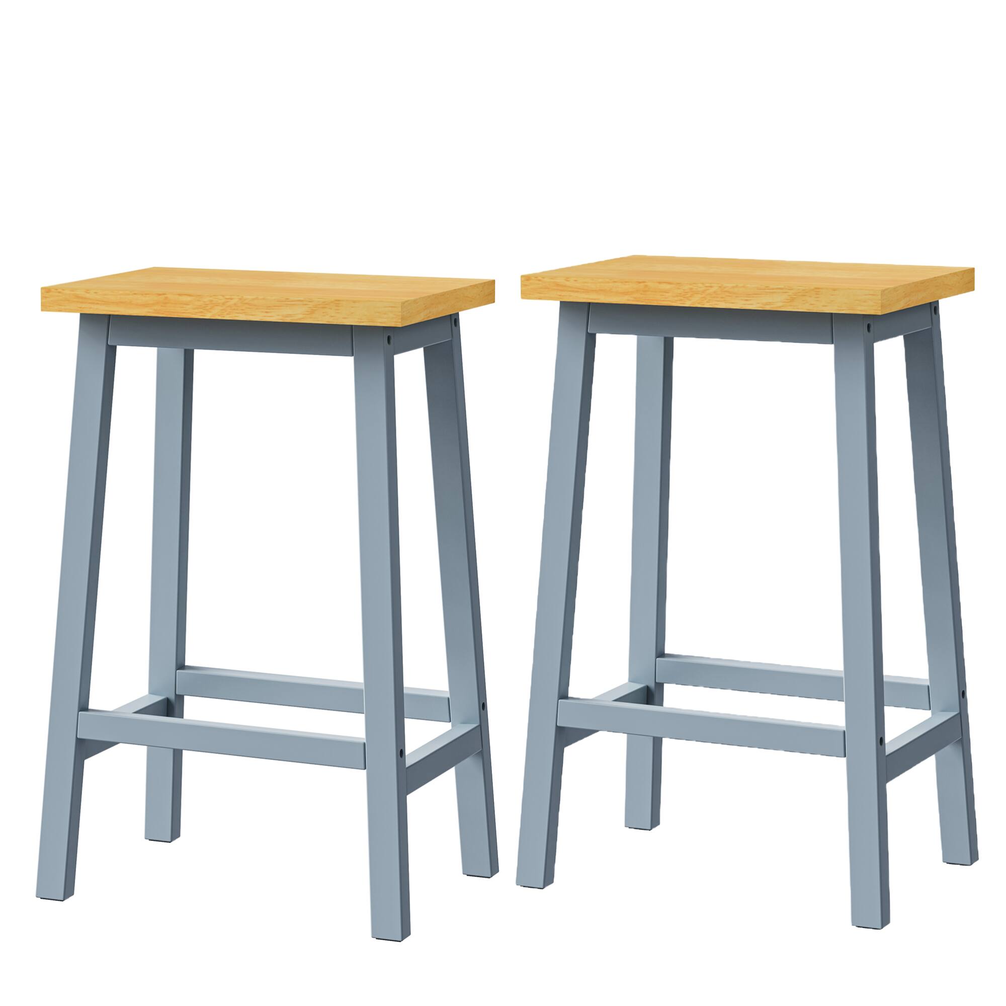 Angle. GOODSILO - Set of 2 Solid Wood Bar Stools with Footrests, Farmhouse Style Counter Height Stools - Grey-Blue.