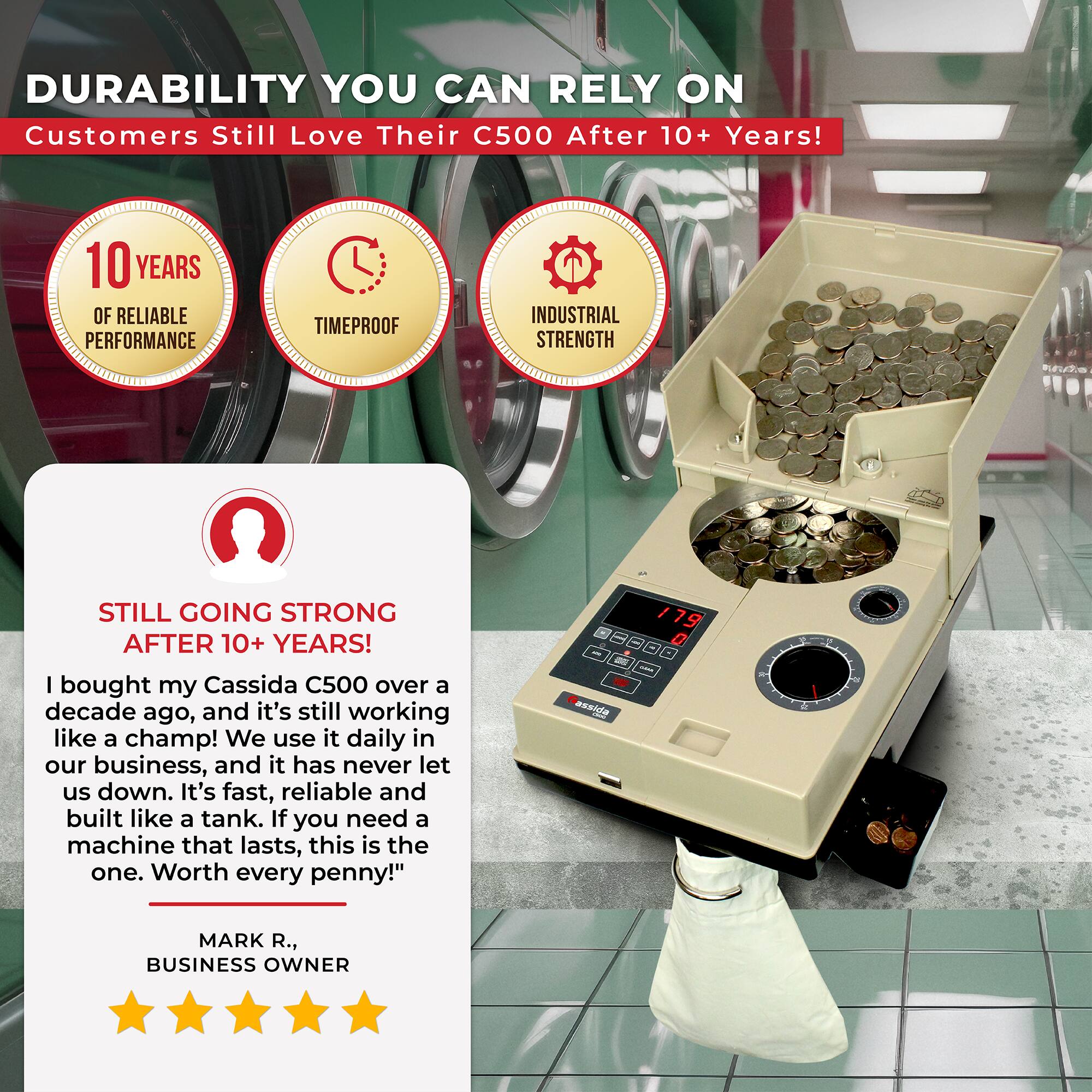 **DURABILITY YOU CAN RELY ON**

Customers Still Love Their C500 After 10+ Years!

- 10 YEARS OF RELIABLE PERFORMANCE
- TIMEPROOF
- INDUSTRIAL STRENGTH

---

**STILL GOING STRONG AFTER 10+ YEARS!**

"I bought my Cassida C500 over a decade ago, and it's still working like a champ! We use it daily in our business, and it has never let us down. It's fast, reliable and built like a tank. If you need a machine that lasts, this is the one. Worth every penny!"

MARK R., BUSINESS OWNER

---

**179 0**