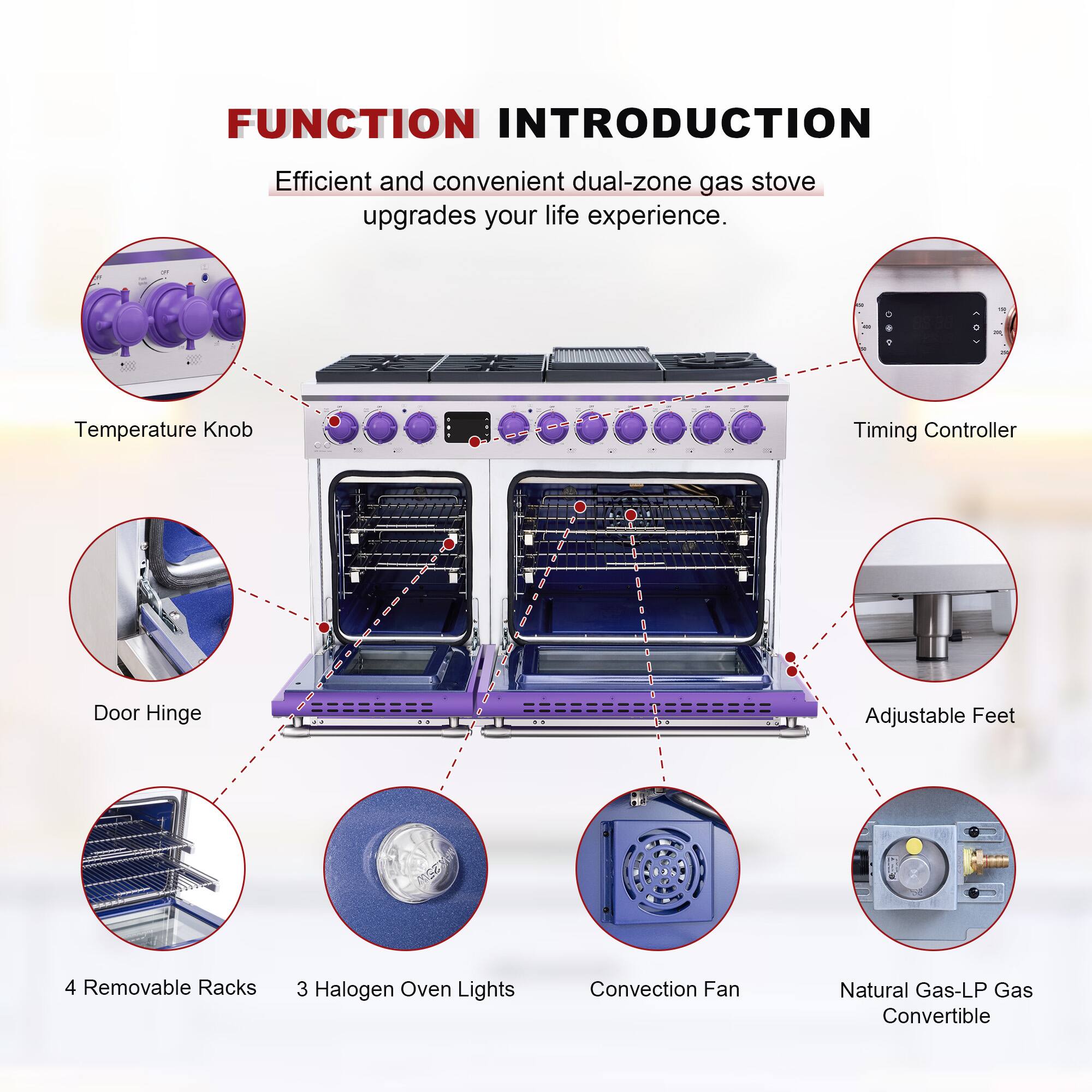 FUNCTION INTRODUCTION  
Efficient and convenient dual-zone gas stove upgrades your life experience.  

- Temperature Knob  
- Timing Controller  
- Door Hinge  
- Adjustable Feet  
- 4 Removable Racks  
- 3 Halogen Oven Lights  
- Convection Fan  
- Natural Gas-LP Gas Convertible