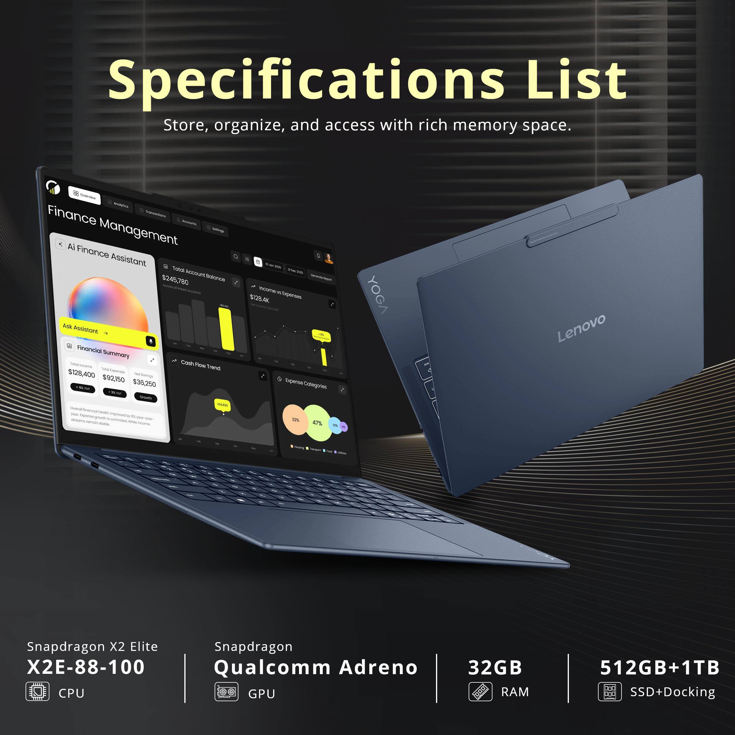 Specifications List  
Store, organize, and access with rich memory space.

- AI Finance Assistant  
  - Total Account Balance: $245,780  
  - Income vs Expenses: $128,400 / $92,150 / $38,250  
  - Cash Flow Trend: -100 / -47%  

- YOGA  
- Lenovo  
- Snapdragon X2 Elite X2E-88-100 CPU  
- Snapdragon Qualcomm Adreno GPU  
- 32GB RAM  
- 512GB+1TB SSD+Docking