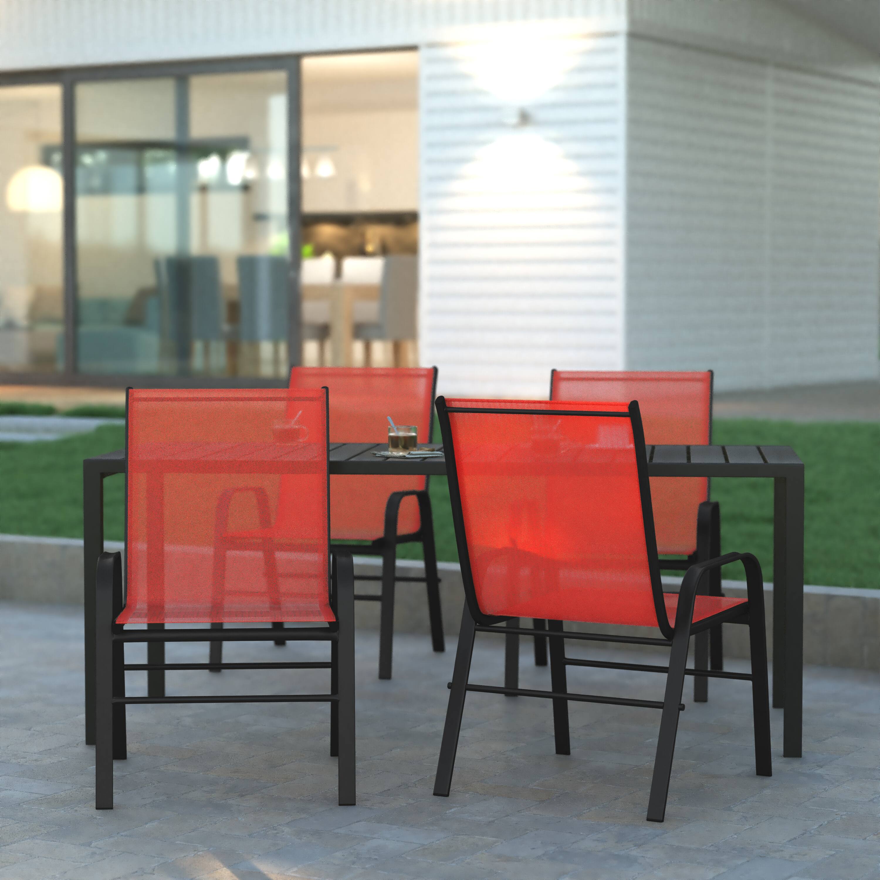 Alt View 2. Emma + Oliver - 4 Pack Outdoor Stack Chair with Flex Comfort Material - Patio Stack Chair - Red.