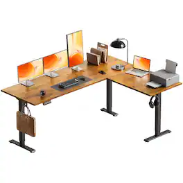 OffiGo - Reversible L Shaped Electric Standing Desk, Height Adjustable Corner Stand Up Computer Table for Home Office - Rustic Brown