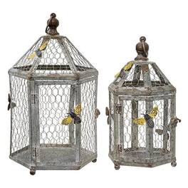 BreeBe - 2/Set Rustic Bee Metal Birdcages w/Chicken Wire - Gray