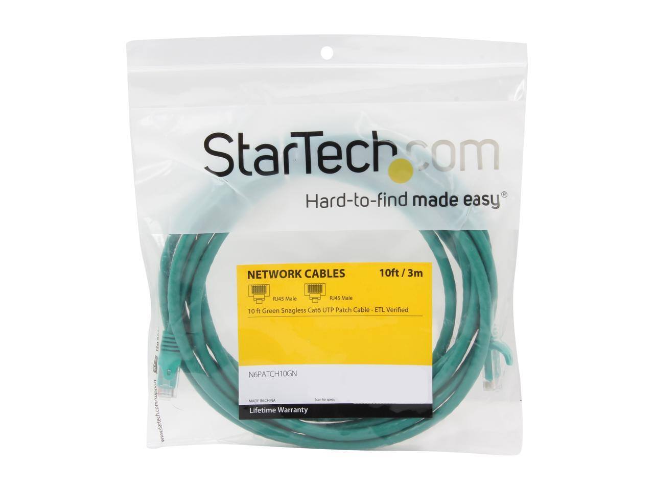 StarTech.com  
Hard-to-find made easy  

NETWORK CABLES  
10ft/3m  
3m RJ45 Male to RJ45 Male  
10 ft Green Snagless Cat6 UTP Patch Cable - ETL Verified  

www.startech.com/support  
N6PATCH10GN  
MADE IN CHINA  
Lifetime Warranty