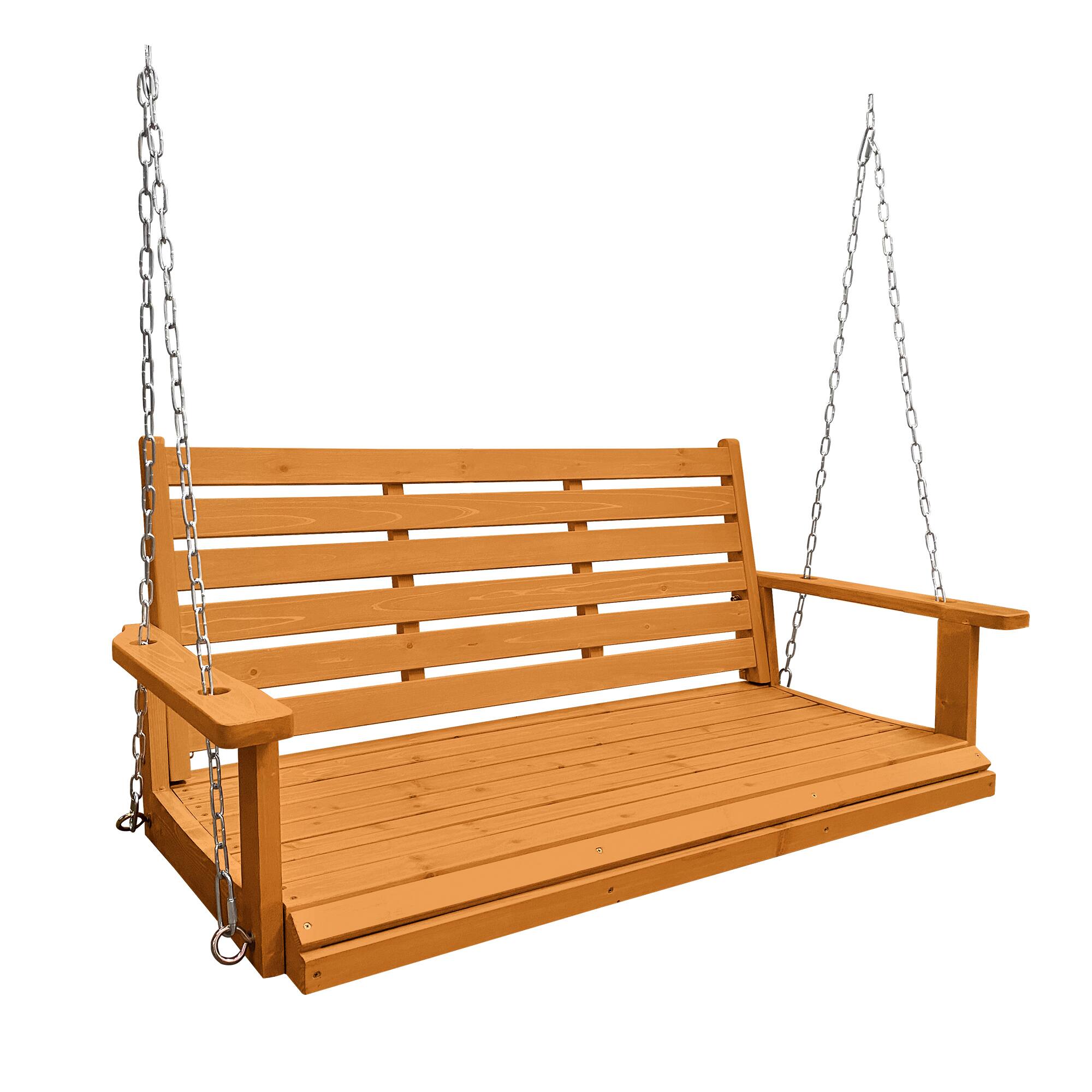 Angle. Fortune Candy - Wooden Porch Swing Bench with Hanging Chains & Springs for Outdoor Patio Garden Yard (2-Seater Extra Large) - Amber.