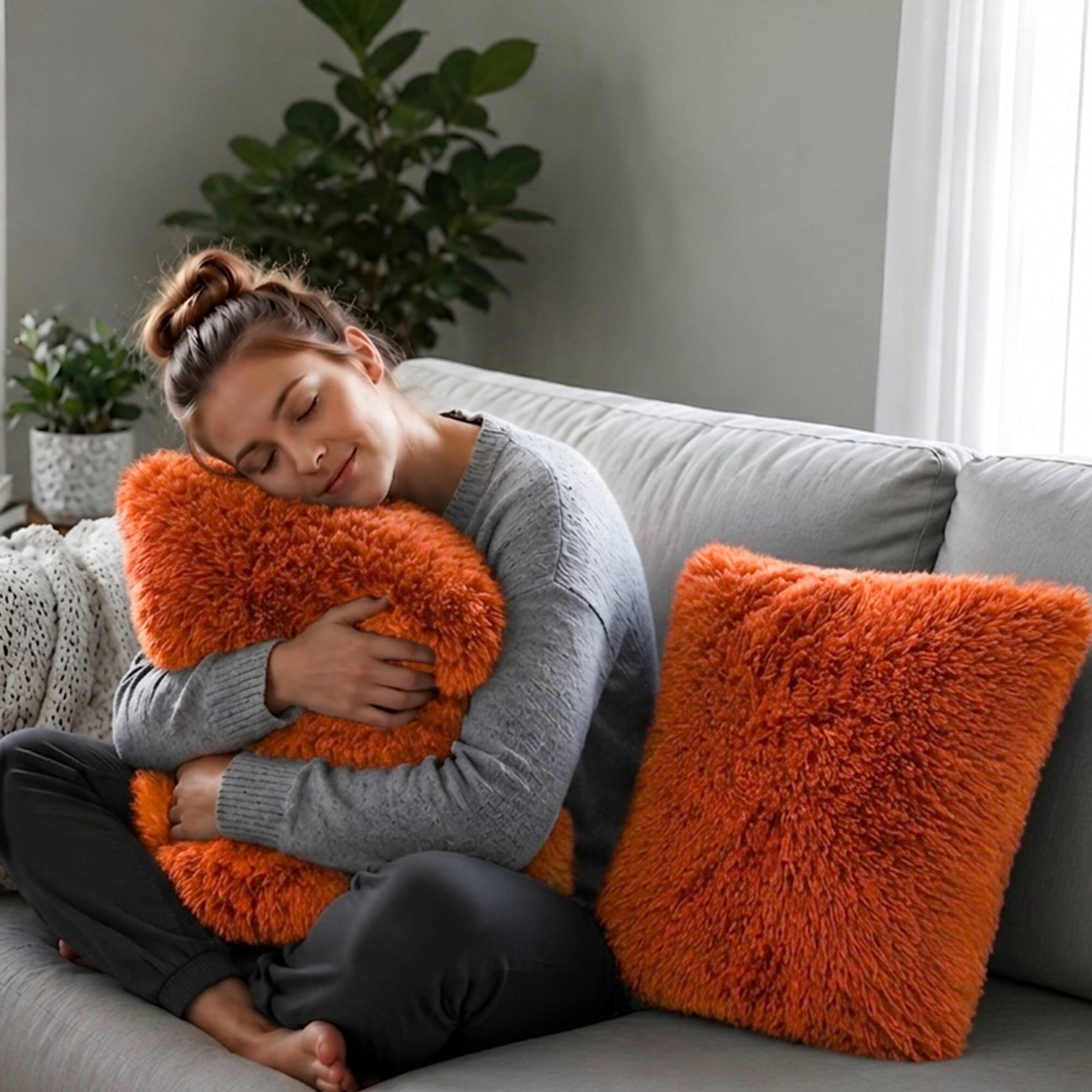 Angle. Cheer Collection - Plush Shaggy Long Hair Faux Fur Accent Throw Pillows with Inserts, 18 x 18-Inch, Set of 2 - Rust - Rust.