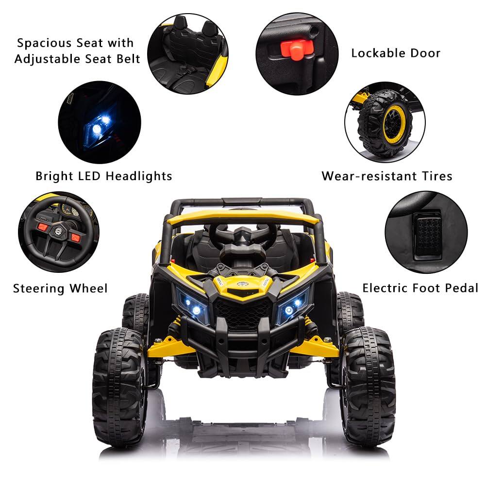 - Spacious Seat with Adjustable Seat Belt
- Lockable Door
- Bright LED Headlights
- Wear-resistant Tires
- Steering Wheel
- Electric Foot Pedal