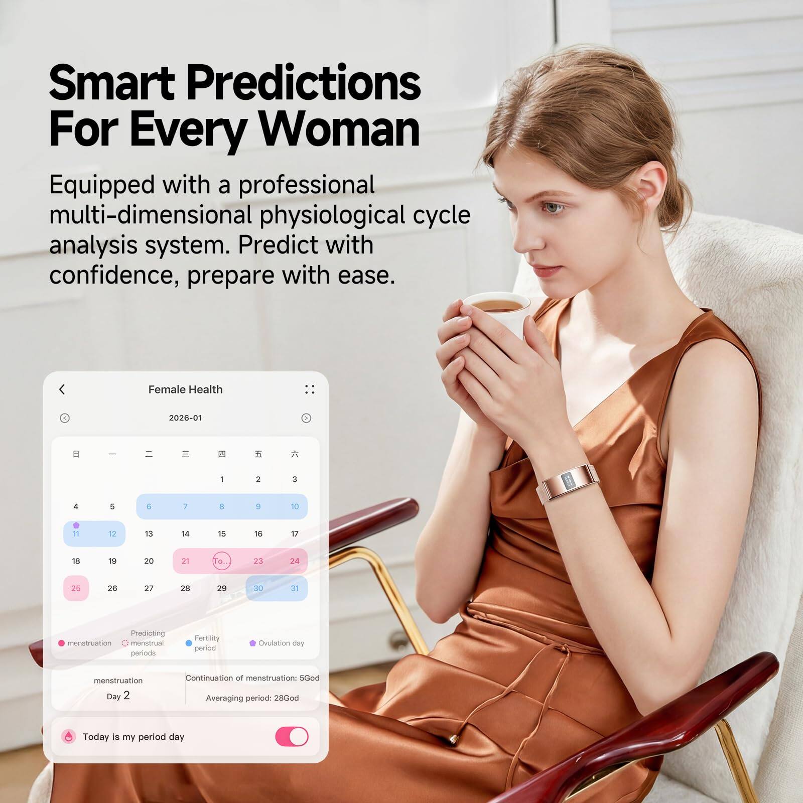 Smart Predictions For Every Woman  
Equipped with a professional multi-dimensional physiological cycle analysis system. Predict with confidence, prepare with ease.  

Female Health  
2026-01  
1 2 3 4 5 E 7 a 5 10 11 12 13 14 15 16 17 18 to 20 21 23 24 25 2 27 29 29 30 31  

Predicting menstruation menstrual periods  
Fertility period  
Ovulation day  
menstruation Day 2  
Continuation of menstruation: 5d  
Averaging period: 2800d  
Today is my period day