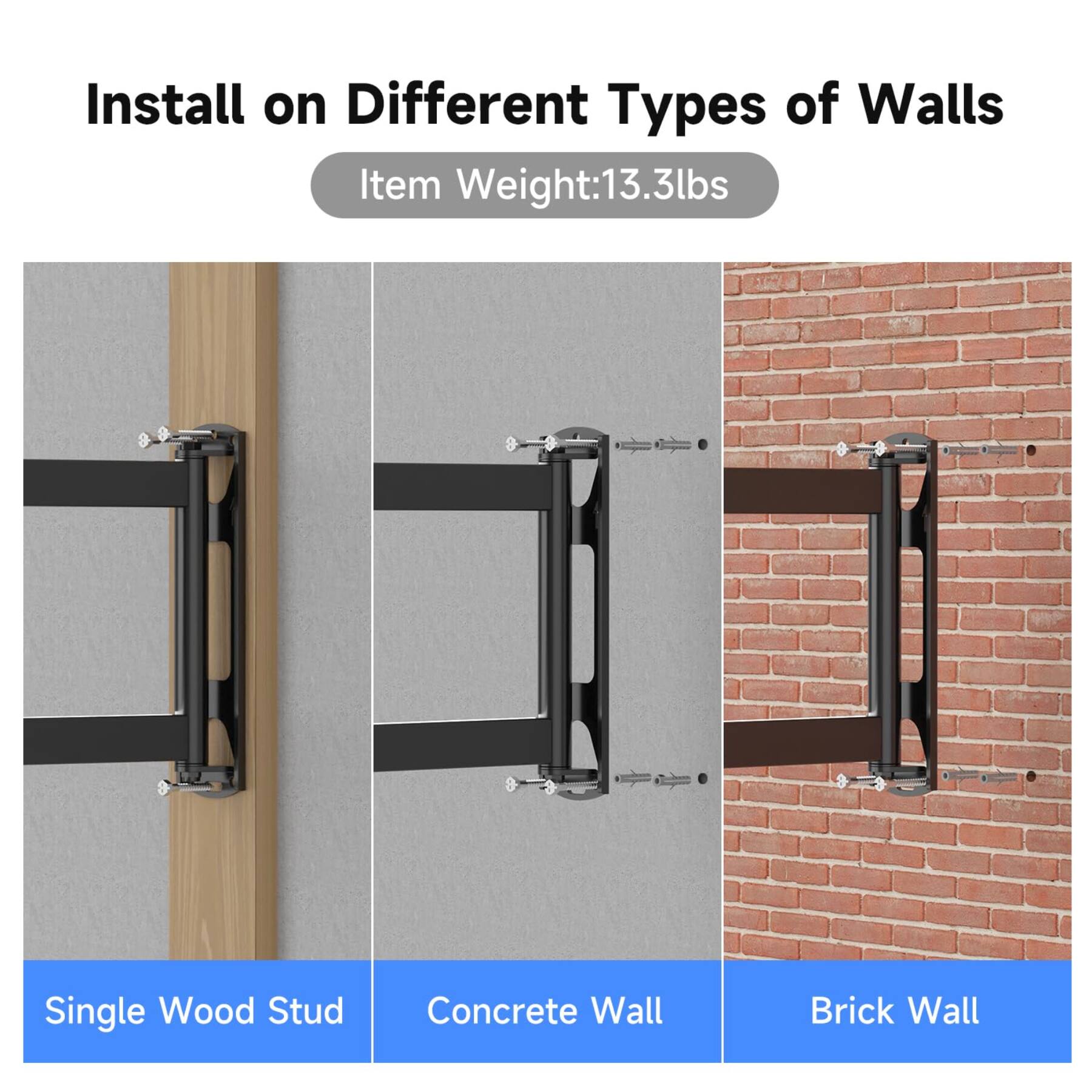 Install on Different Types of Walls  
Item Weight: 13.3lbs  
- Single Wood Stud  
- Concrete Wall  
- Brick Wall