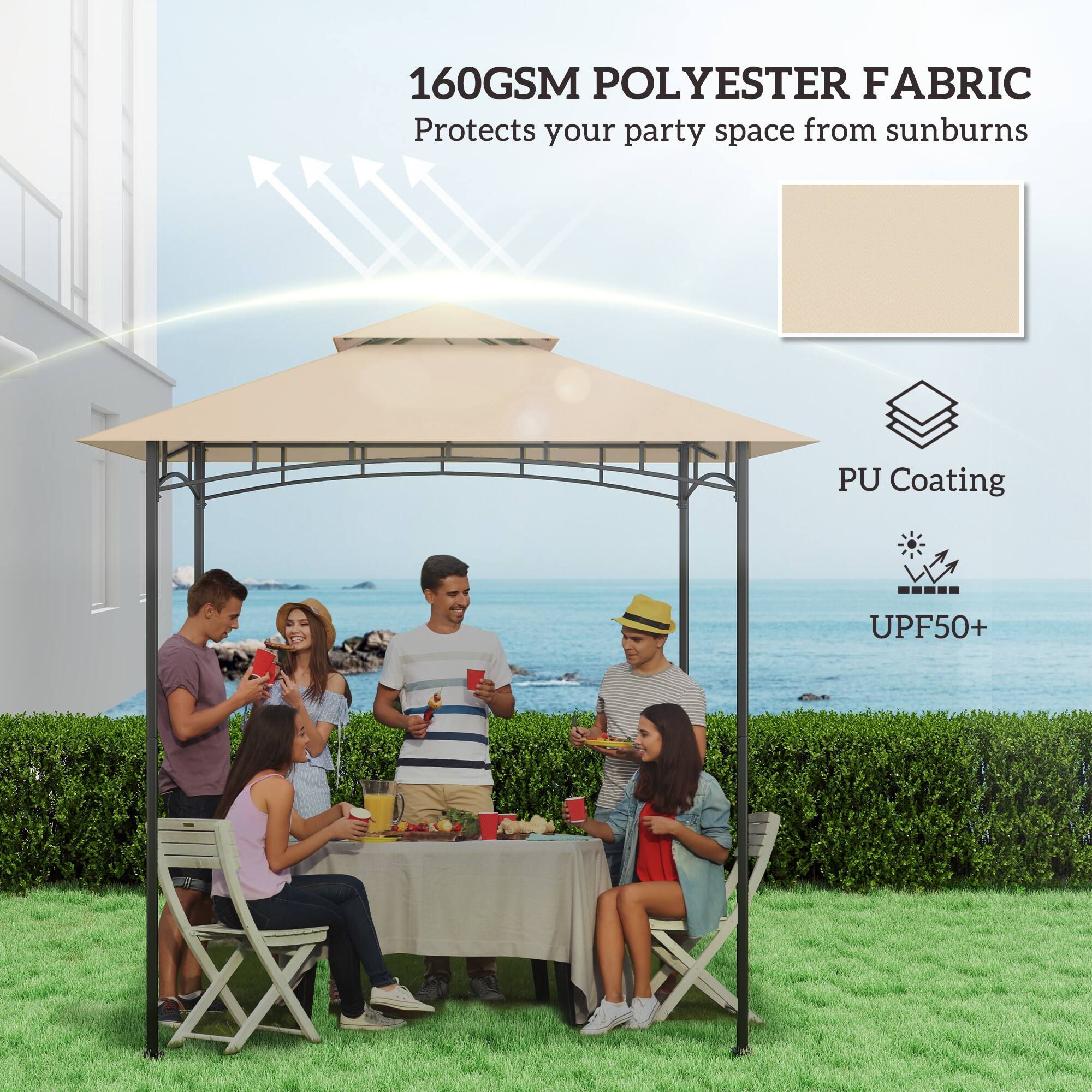 160GSM POLYESTER FABRIC  
Protects your party space from sunburns  

PU Coating  
UPF50+