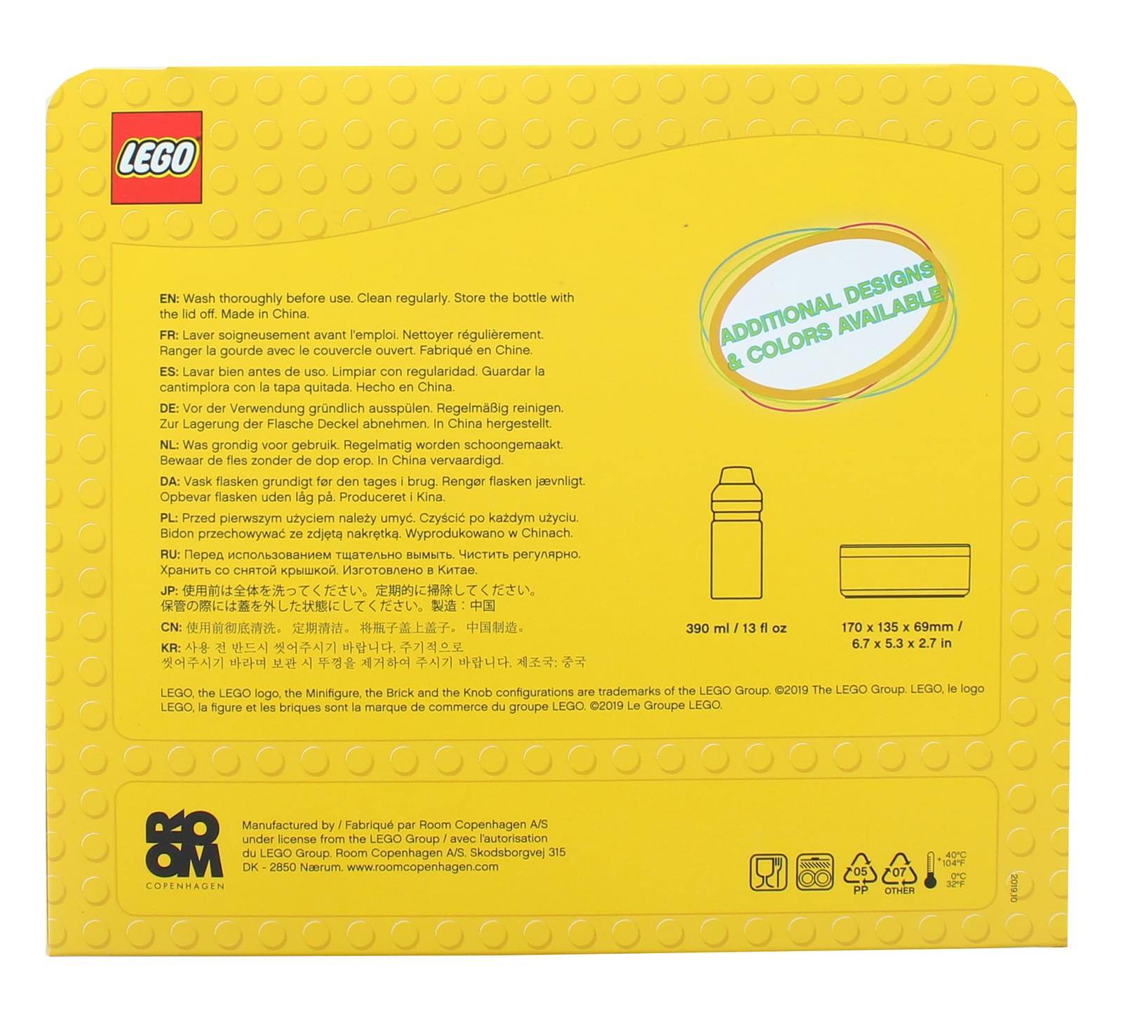 **LEGO**

**EN:** Wash thoroughly before use. Clean regularly. Store the bottle with the lid off. Made in China.

**FR:** Laver soigneusement avant l'emploi. Nettoyer régulièrement. Ranger la gourde avec le couvercle ouvert. Fabriqué en Chine.

**ES:** Lavar bien antes de uso. Limpiar con regularidad. Guardar la cantimplora con la tapa quitada. Hecho en China.

**DE:** Vor der Verwendung gründlich ausspülen. Regelmäßig reinigen. Zur Lagerung der Flasche Deckel abnehmen. In China hergestellt.

**NL:** Was grondig voor gebruik. Regelmatig worden schoongemaakt. Bewaar fles zonder de dop erop. In China vervaardigd.

**DA:** Vask flasken grundigt før brug. Rengør flasken regelmæssigt. Ophæld flasken uden læk på. Produceret i Kina.

**PL:** Przed pierwszym użyciem należy umyć. Czyścić po każdym użyciu. Bidon przechowywac zdejmując nakrę