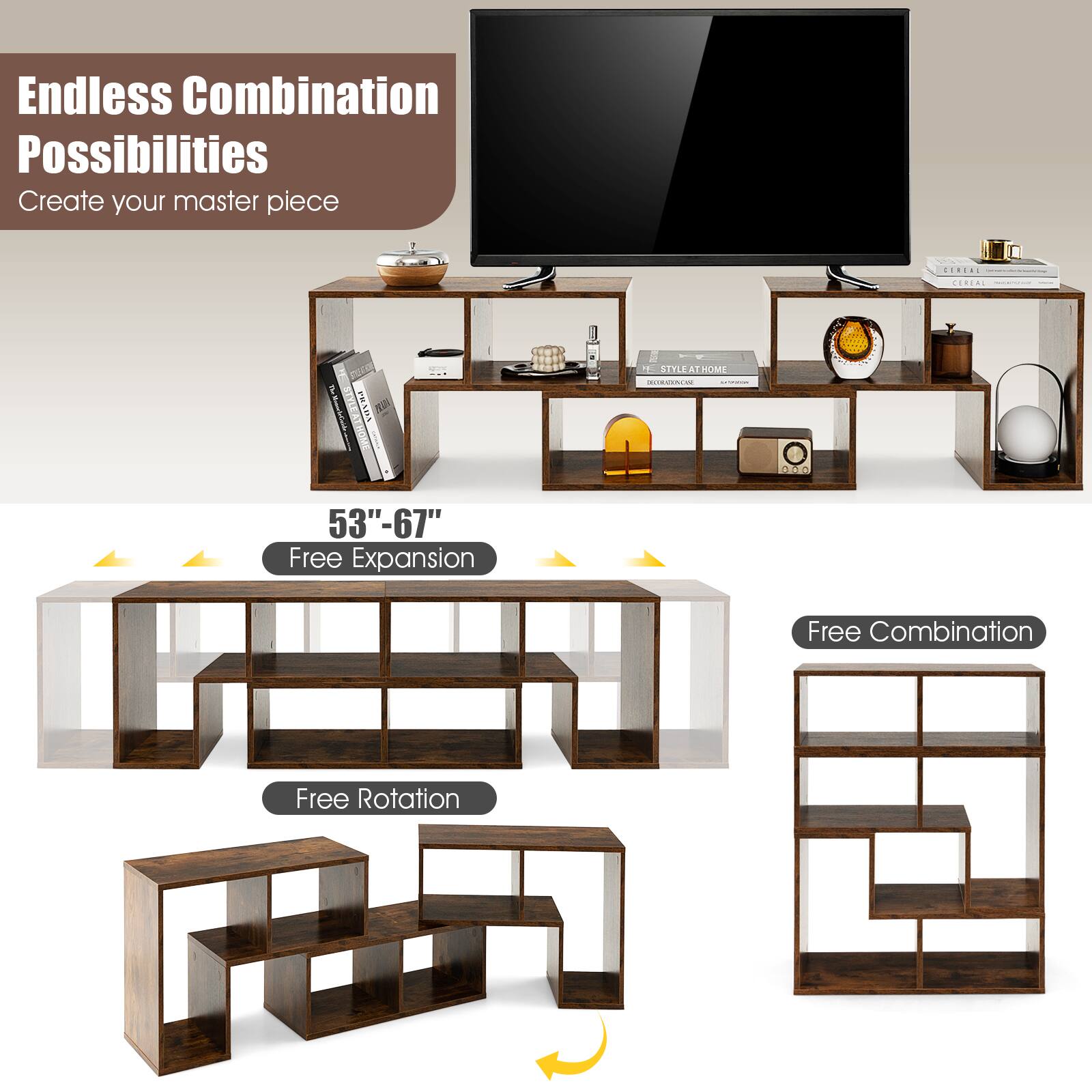 Endless Combination Possibilities Create Your Masterpiece at Home. Choose from 53"-67" Free Expansion, Free Combination, and Free Rotation.