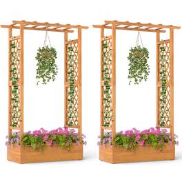 Costway - 2 PCS 70" Wooden Raised Garden Bed with Lattice Trellis Hanging Roof Open-Ended Base - Natural