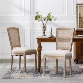 Boyel Living - French Style Solid Wood Frame Linen Fabric Square Rattan Back Dining Chair Set of 2 - Cream