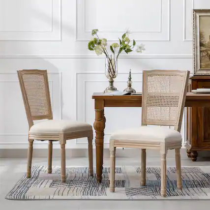 Front. Boyel Living - Cream French Style Solid Wood Frame Linen Fabric Square Rattan Back Dining Chair Set of 2 - Cream.