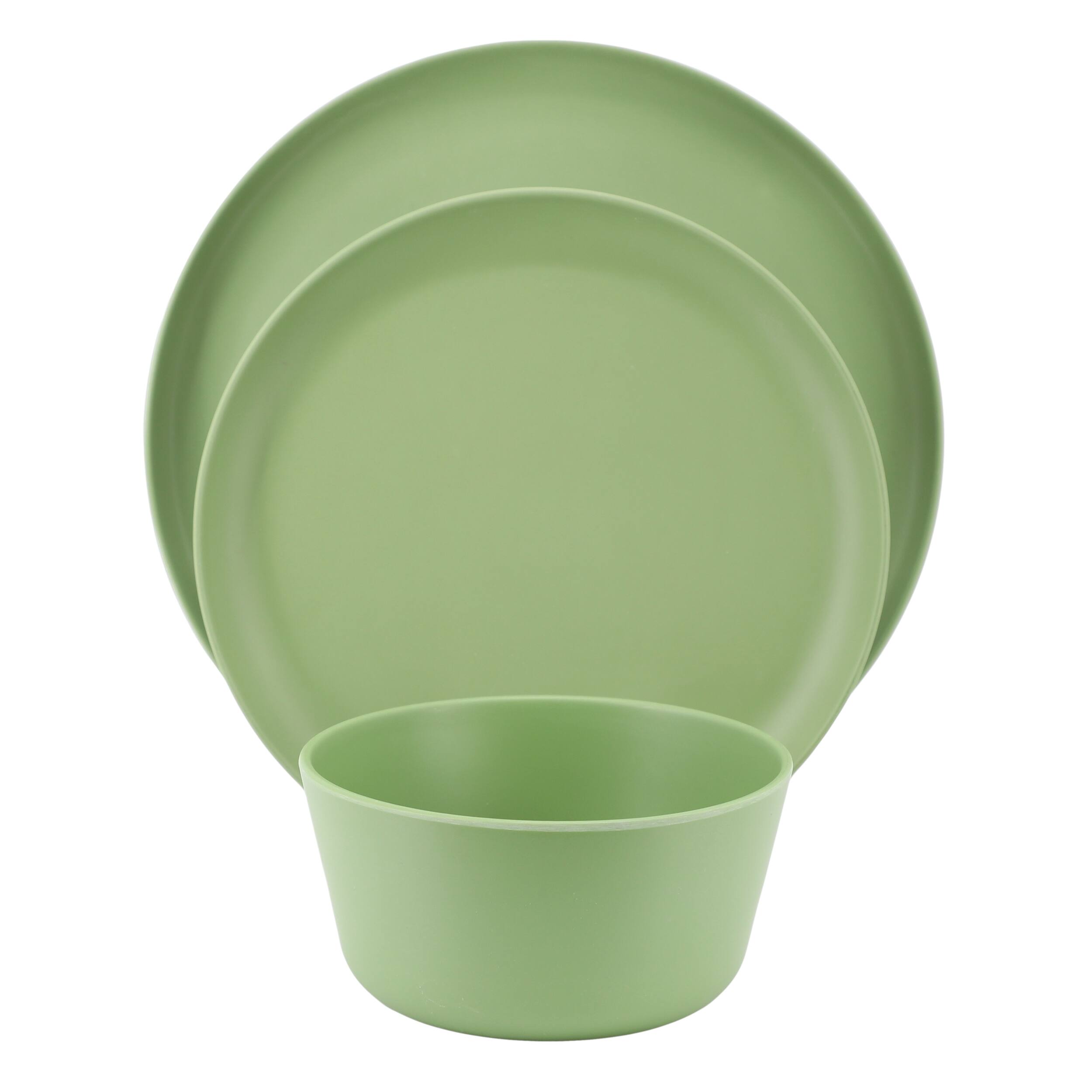 Alt View 1. Gibson - Gibson Home Fairhope 12 Piece Melamine Round Dinnerware Set in Matte Green - Green.
