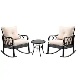 Resenkos - 3-Piece Rocking Chair Bistro Set, Two Rocking Chairs And A Round Side Table, PE Rattan - Brown