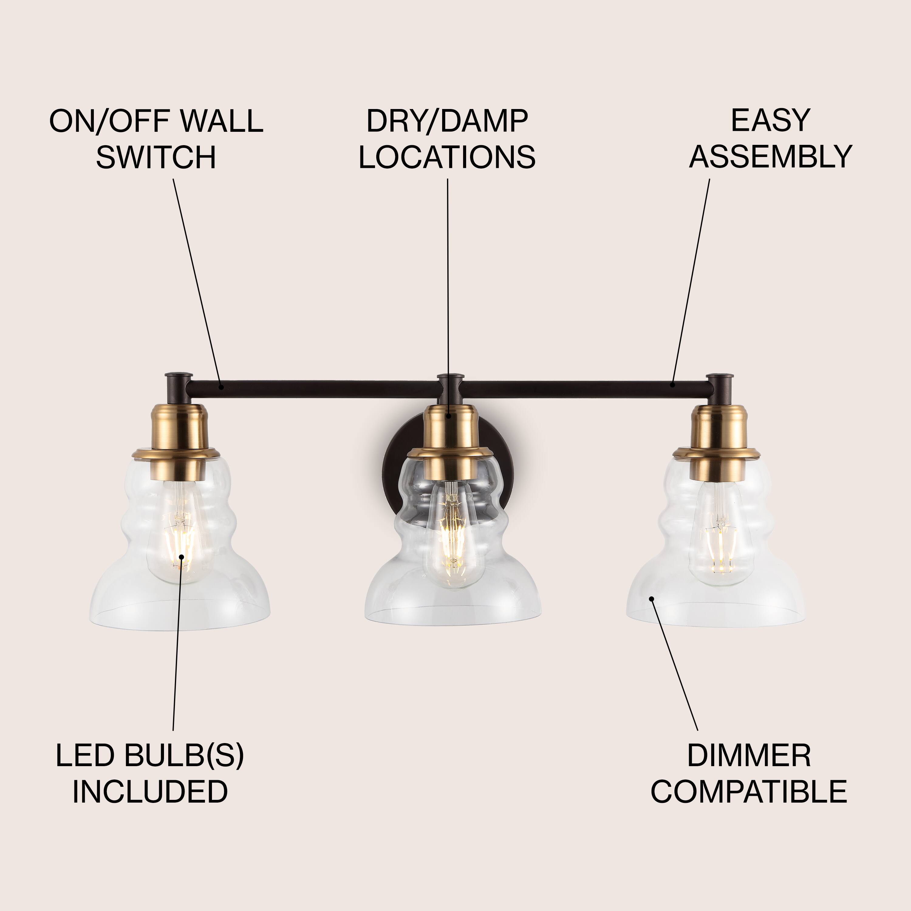 ON/OFF WALL SWITCH  
DRY/DAMP LOCATIONS  
EASY ASSEMBLY  
LED BULB(S) INCLUDED  
DIMMER COMPATIBLE