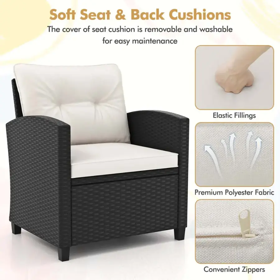 Soft Seat & Back Cushions: The cover of seat cushion is removable and washable for easy maintenance. Elastic Fillings: Premium Polyester Fabric. Convenient Zippers.