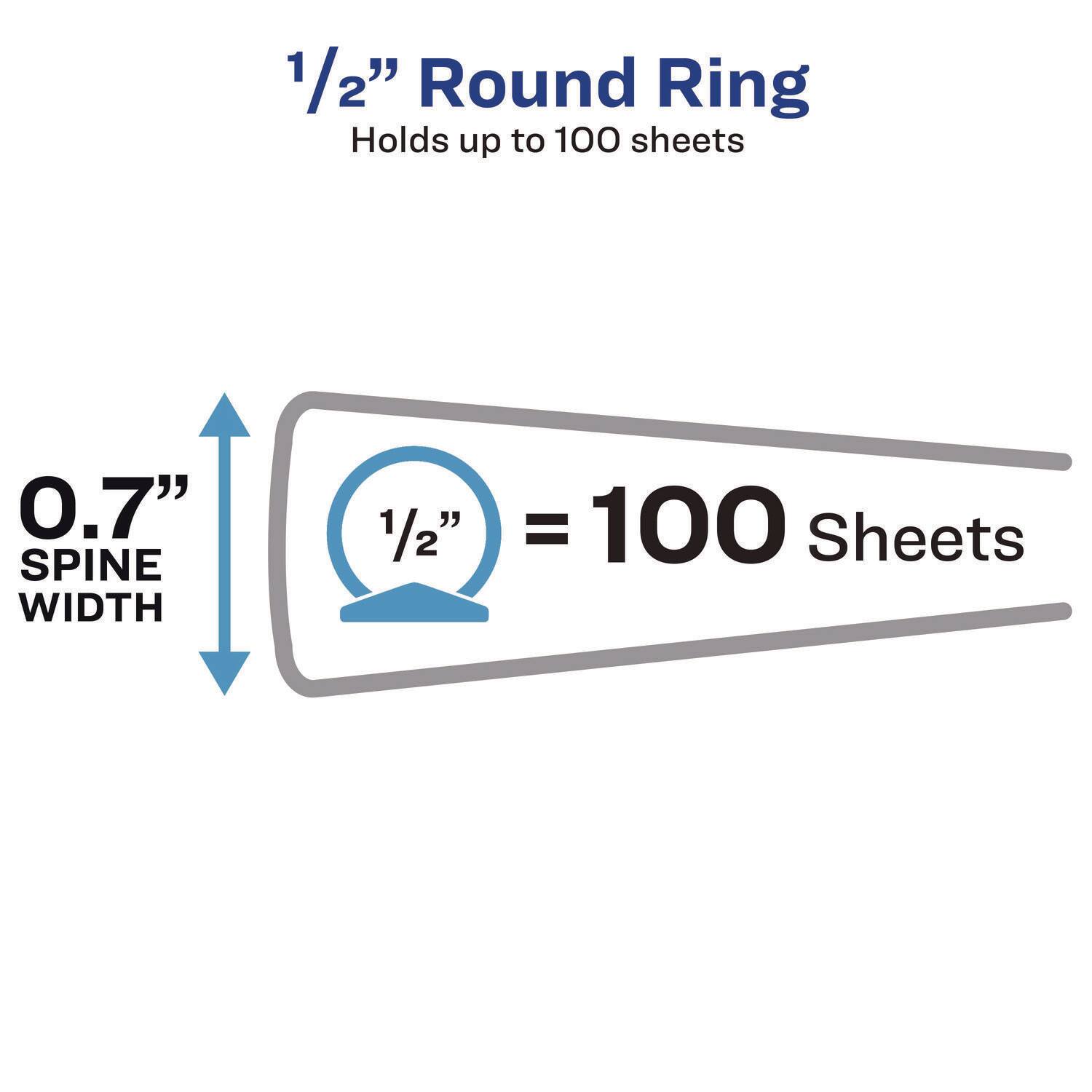 1/2" Round Ring  
Holds up to 100 sheets  

0.7" SPINE WIDTH  
1/2" = 100 Sheets