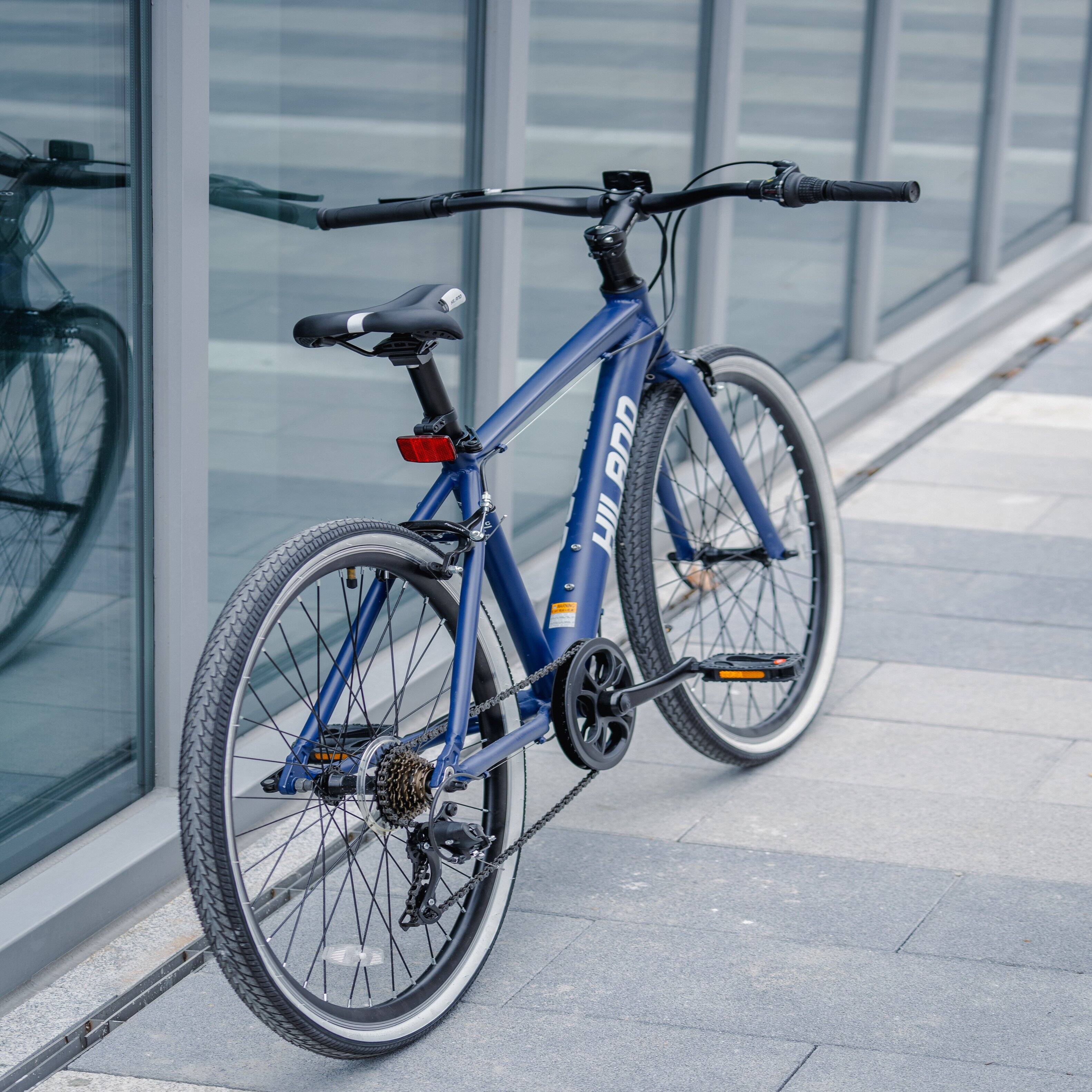 Back. HILAND - HILAND Flow 700C Adult Hybrid Bike, 7 Speeds Commuter Bicycle for Men Women, Aluminum Alloy Frame, Blue - blue.