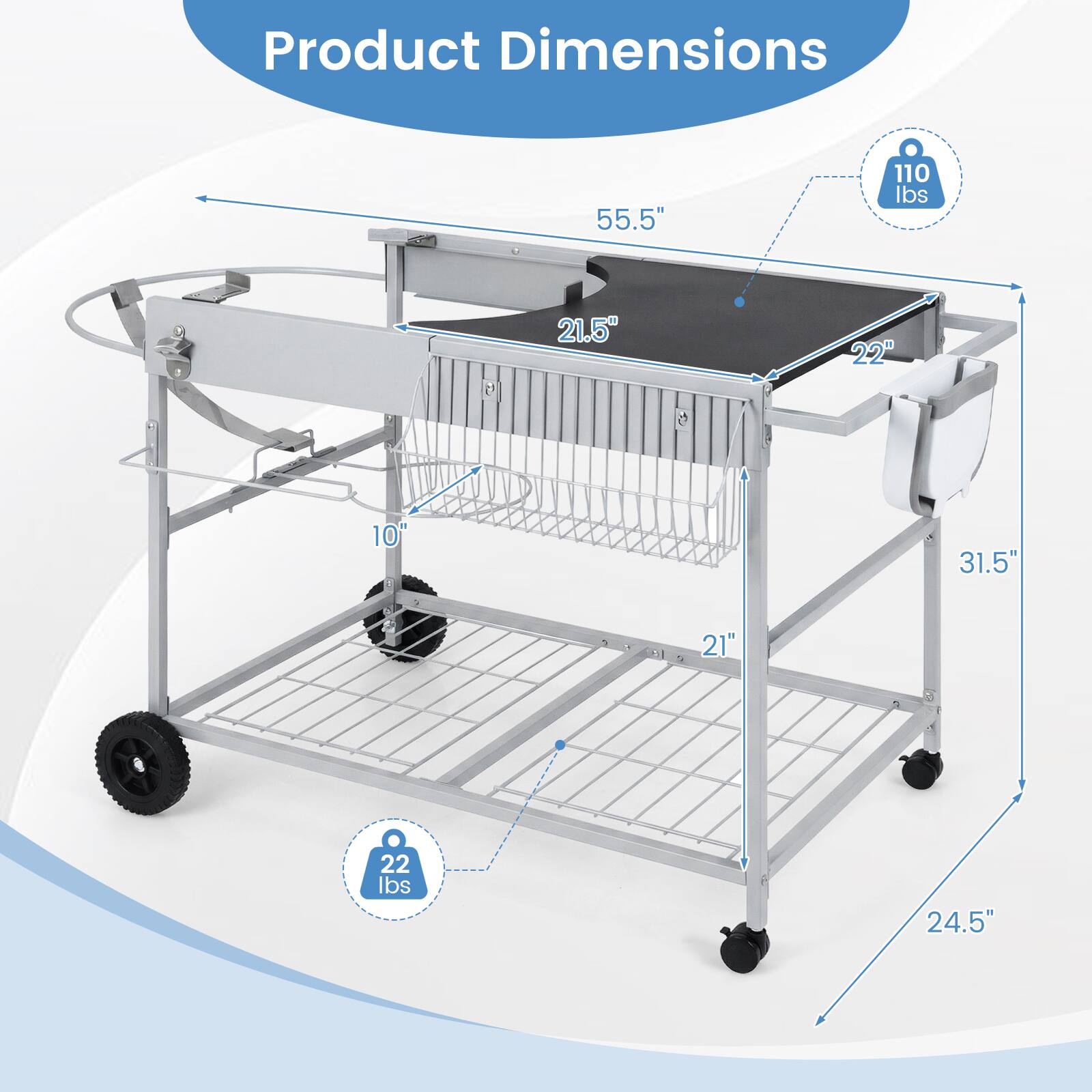 Product Dimensions:  
- Length: 55.5"  
- Width: 22"  
- Height: 31.5"  
- Shelf Height: 24.5"  
- Drawer Dimensions: 21.5" x 21" x 10"  
- Weight Capacity: 110 lbs  
- Weight: 22 lbs