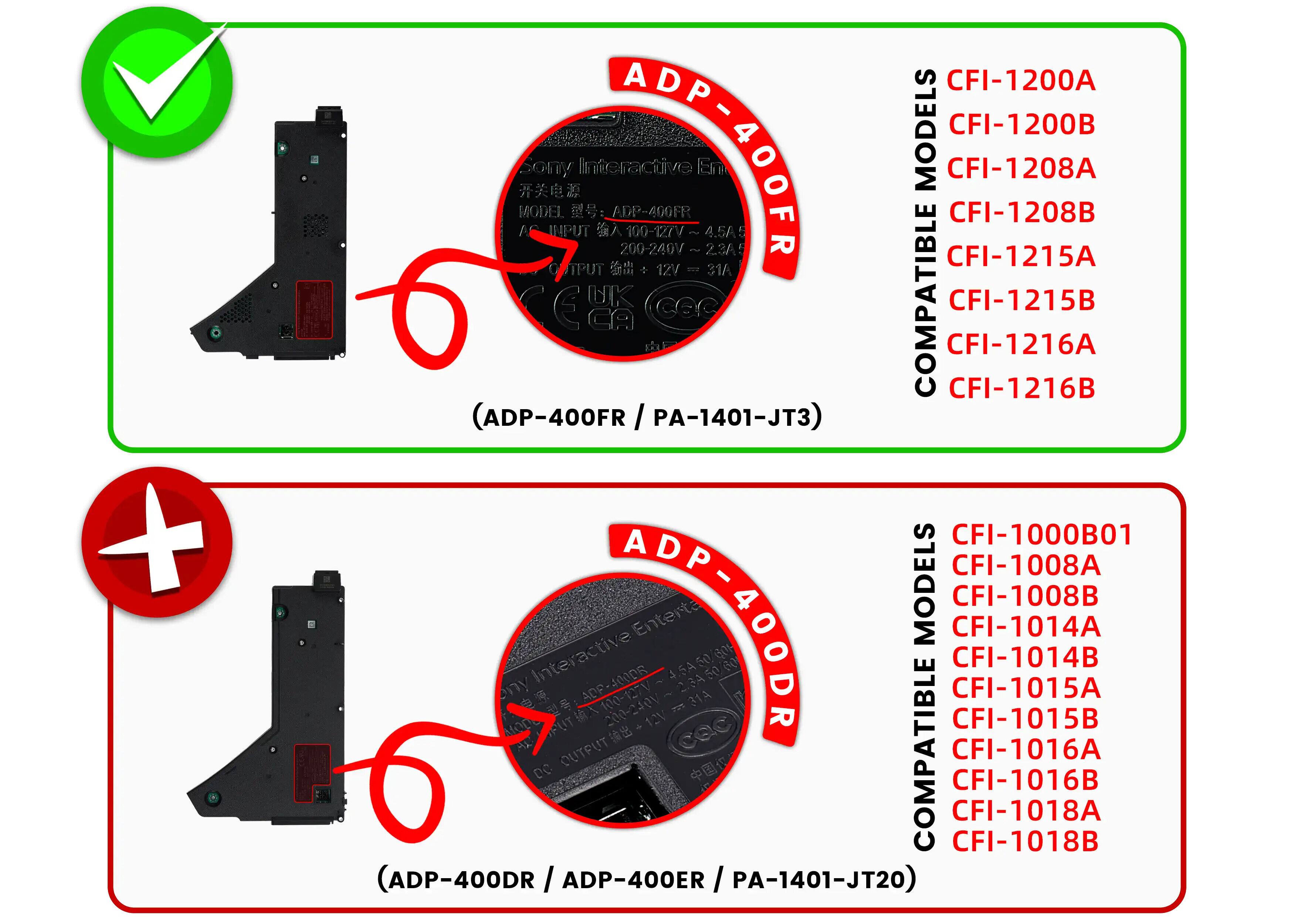 **ADP-400FR / PA-1401-JT3**

- **Compatible Models:**
  - CFI-1200A
  - CFI-1200B
  - CFI-1208A
  - CFI-1208B
  - CFI-1215A
  - CFI-1215B
  - CFI-1216A
  - CFI-1216B

**ADP-400DR / ADP-400ER / PA-1401-JT20**

- **Compatible Models:**
  - CFI-1000B01
  - CFI-1008A
  - CFI-1008B
  - CFI-1014A
  - CFI-1014B
  - CFI-1015A
  - CFI-1015B
  - CFI-1016A
  - CFI-1016B
  - CFI-101