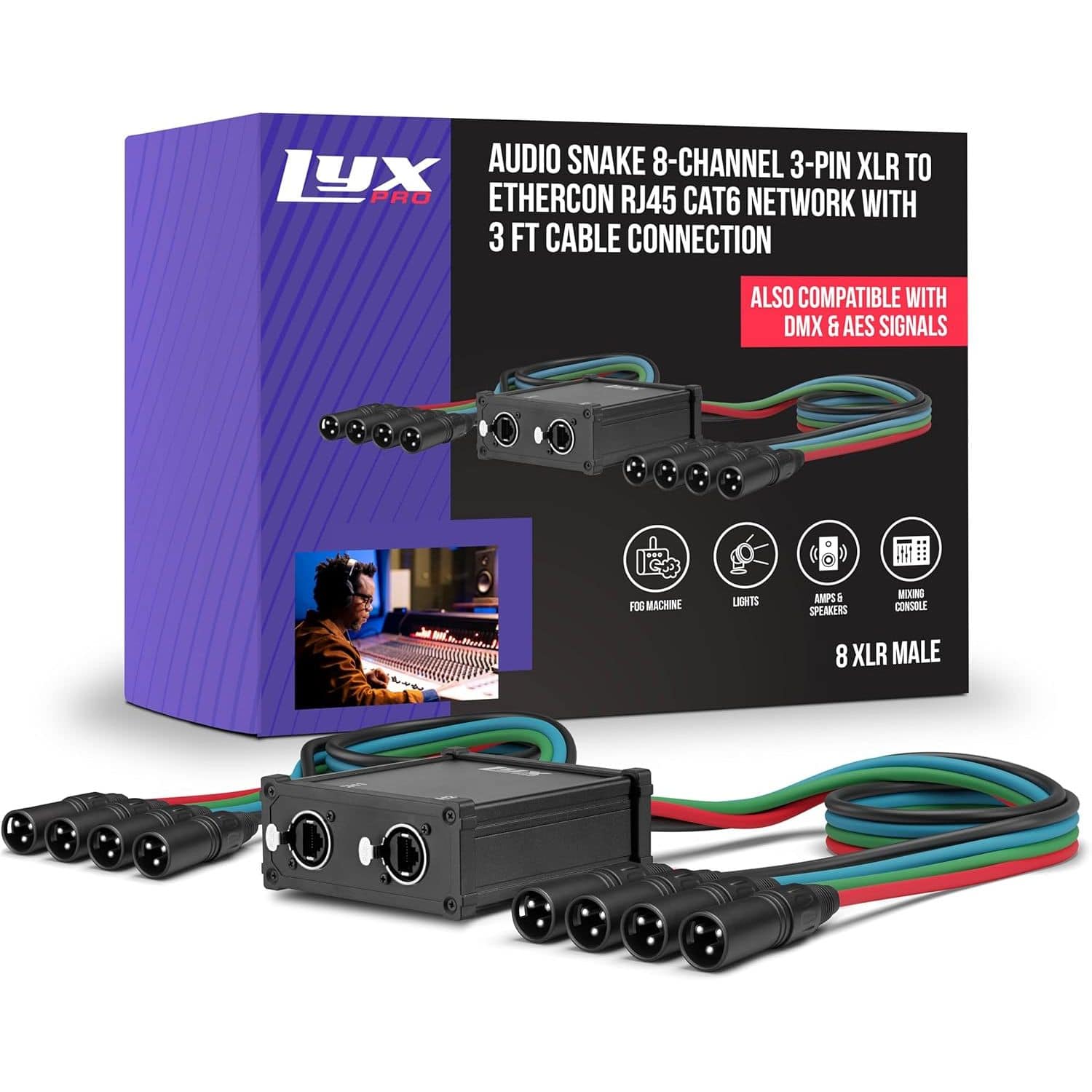 Lyxpro - 8-Channel Male XLR Audio Snake 3ft Cable XLR to RJ45 Ethercon for Stage, Studio & Lighting - Black